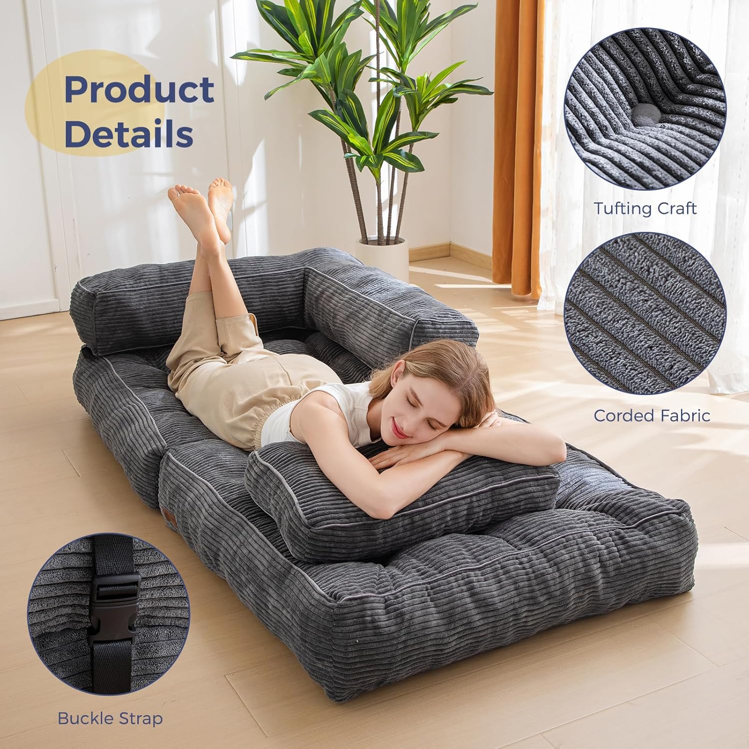 MAXYOYO L Shaped Folding Sofa Bed Convertible Sleeper with Pillow Armrest
