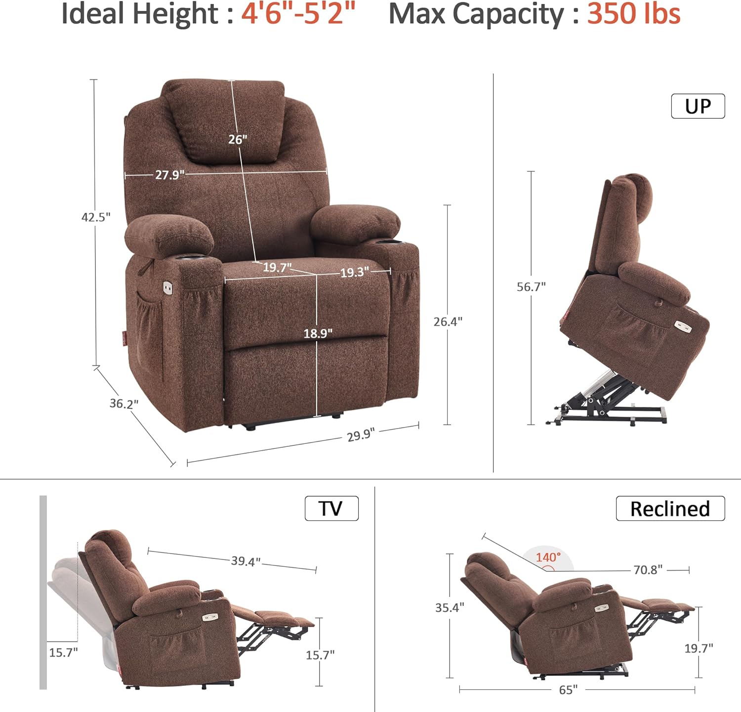 MCombo Power Lift Recliner Chair for Elderly with Heat Massage USB Cup Holders