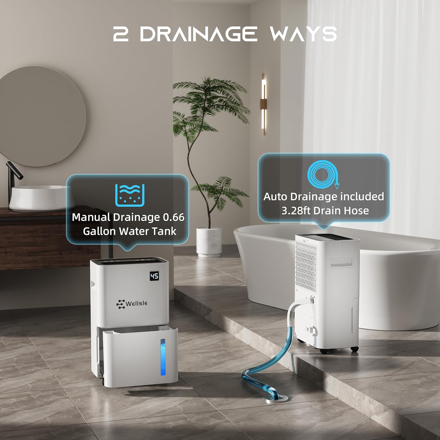 Wellsle 50 Pint Dehumidifier for Home Basement Bedroom Quiet Smart Auto Drain Hose