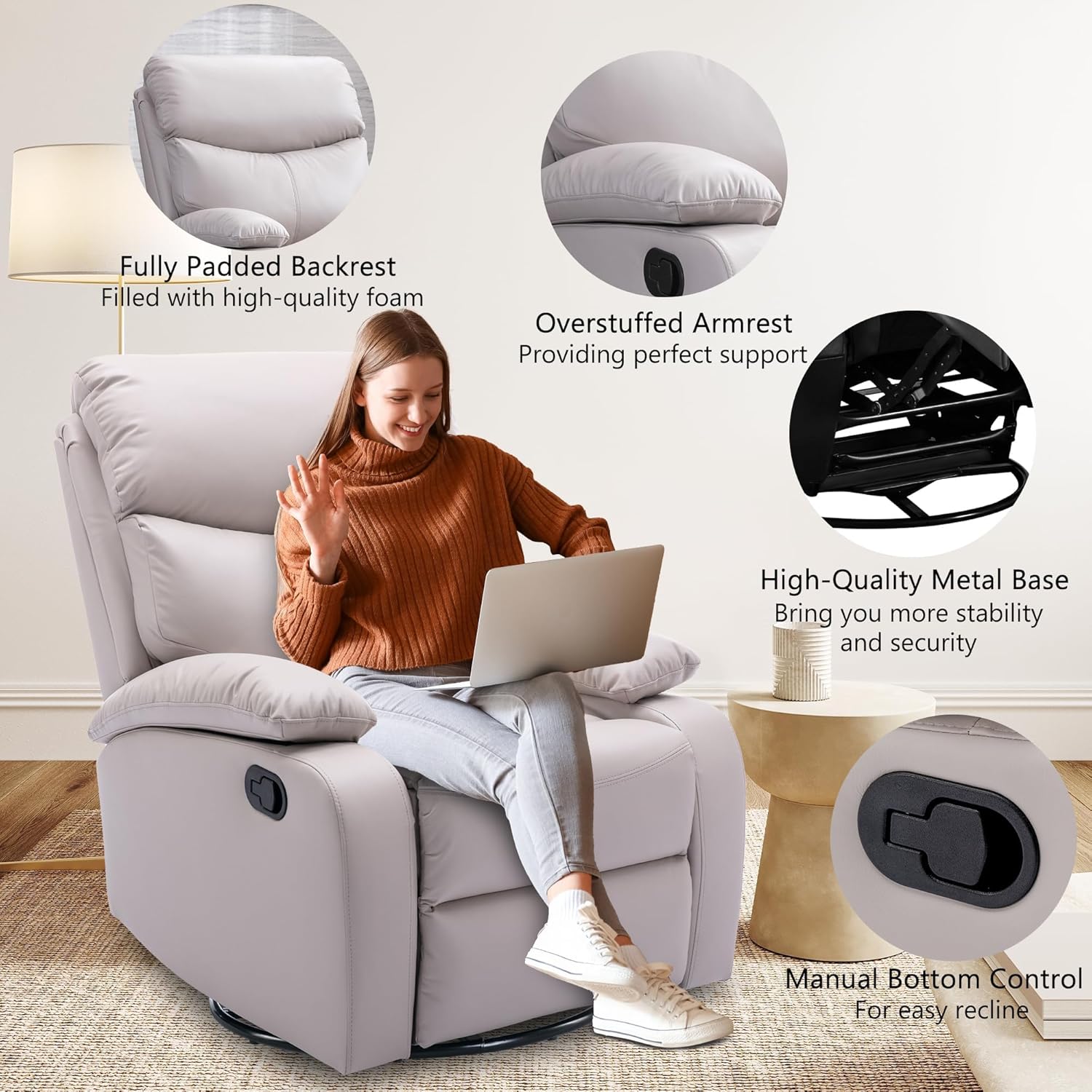 GNMLP2020 Swivel Rocker Recliner Chair Manual Small Space Nursery Living Room