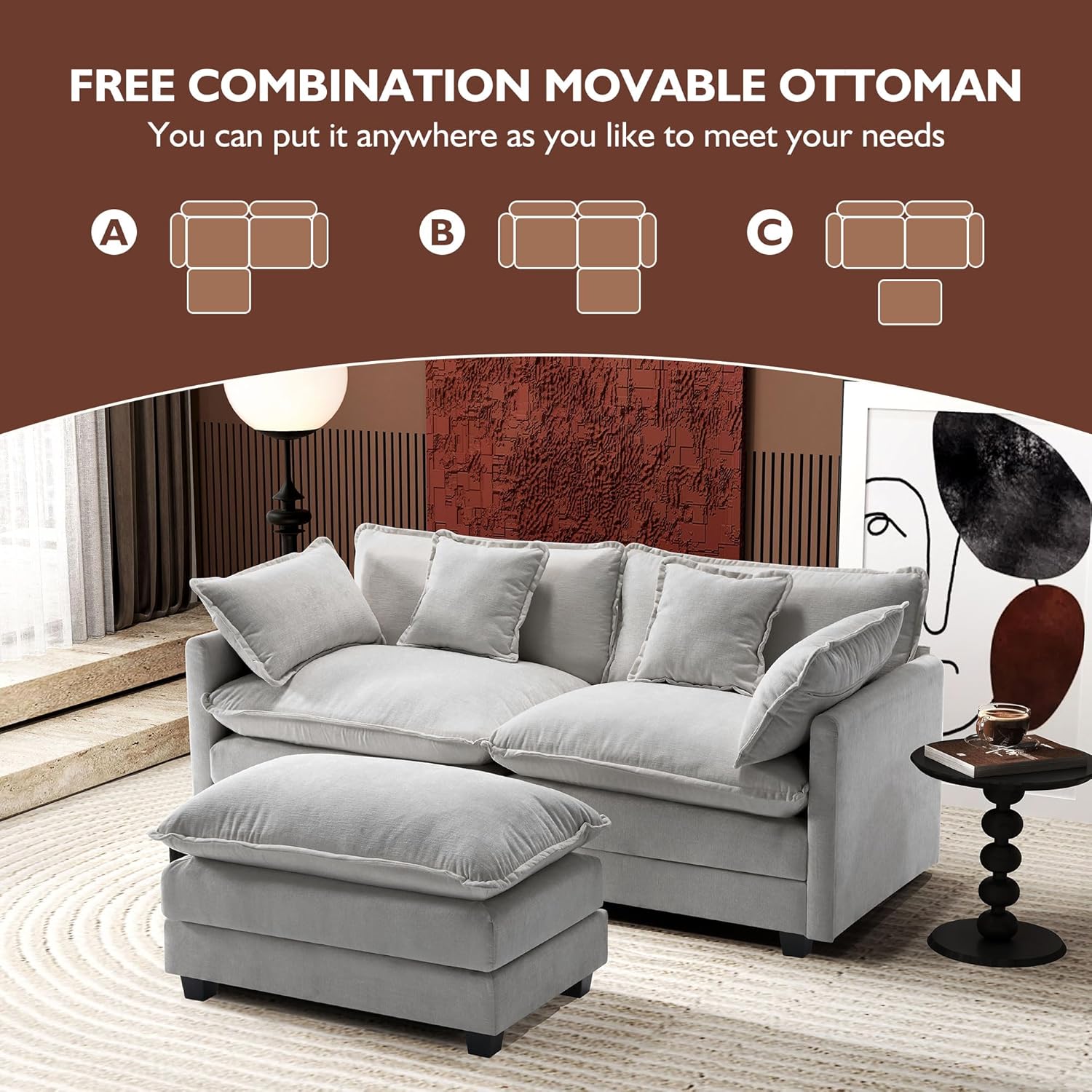 Ihanherry U Shaped Modular Cloud Sofa 5 Seat Chenille Sectional with Ottoman