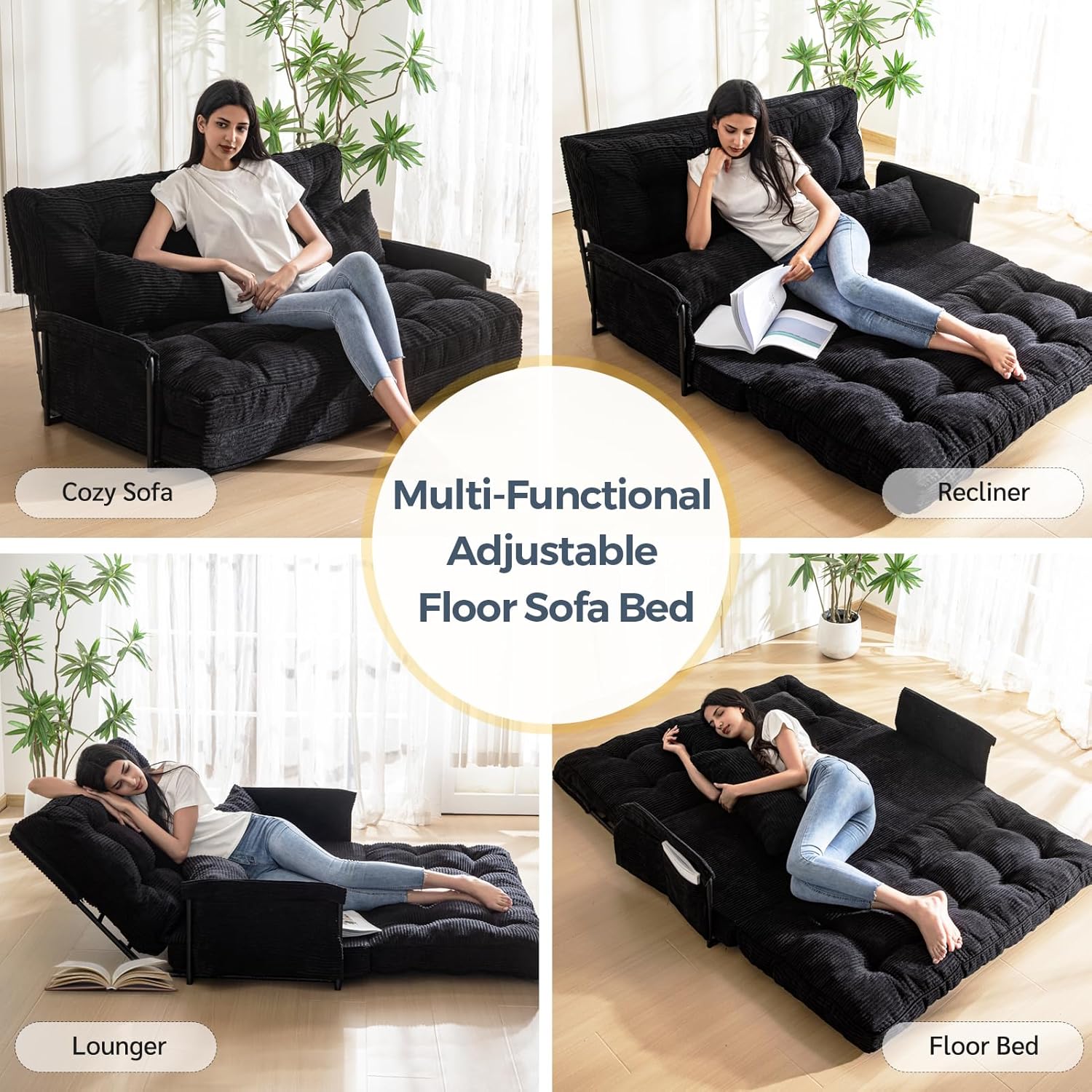 MAXYOYO Adjustable Floor Sofa Bed with Armrest Double Black Foldable Sleeper