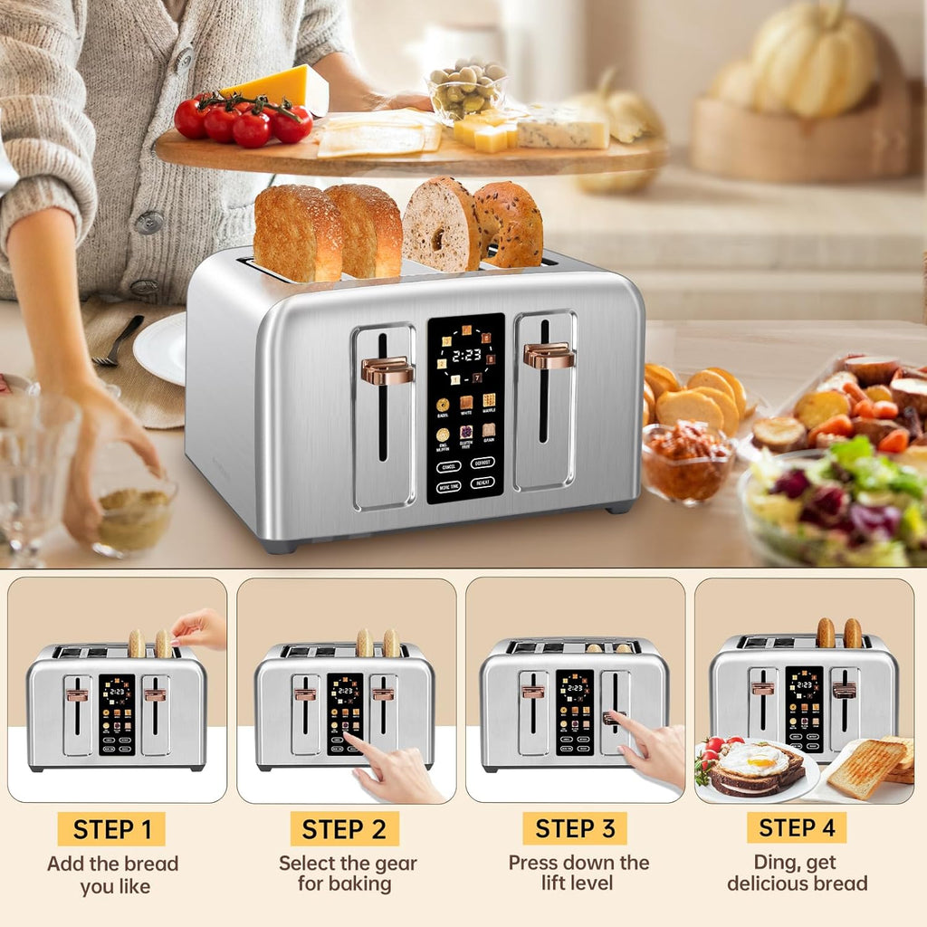 SEEDEEM 4 Slice Touch Screen Toaster LCD Display 7 Shade Settings Wide Slots 1800W