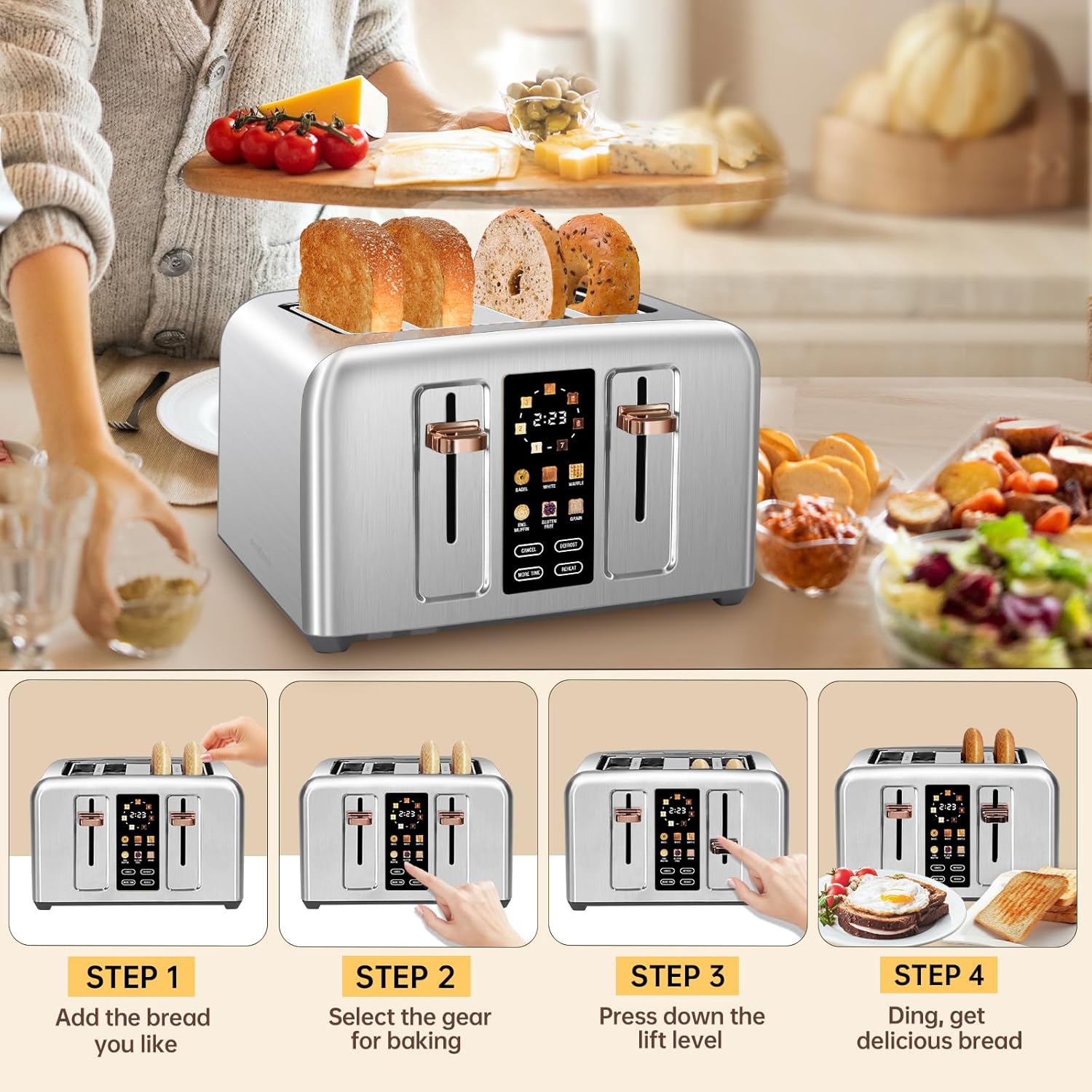 SEEDEEM 4 Slice Touch Screen Toaster LCD Display 7 Shade Settings Wide Slots 1800W