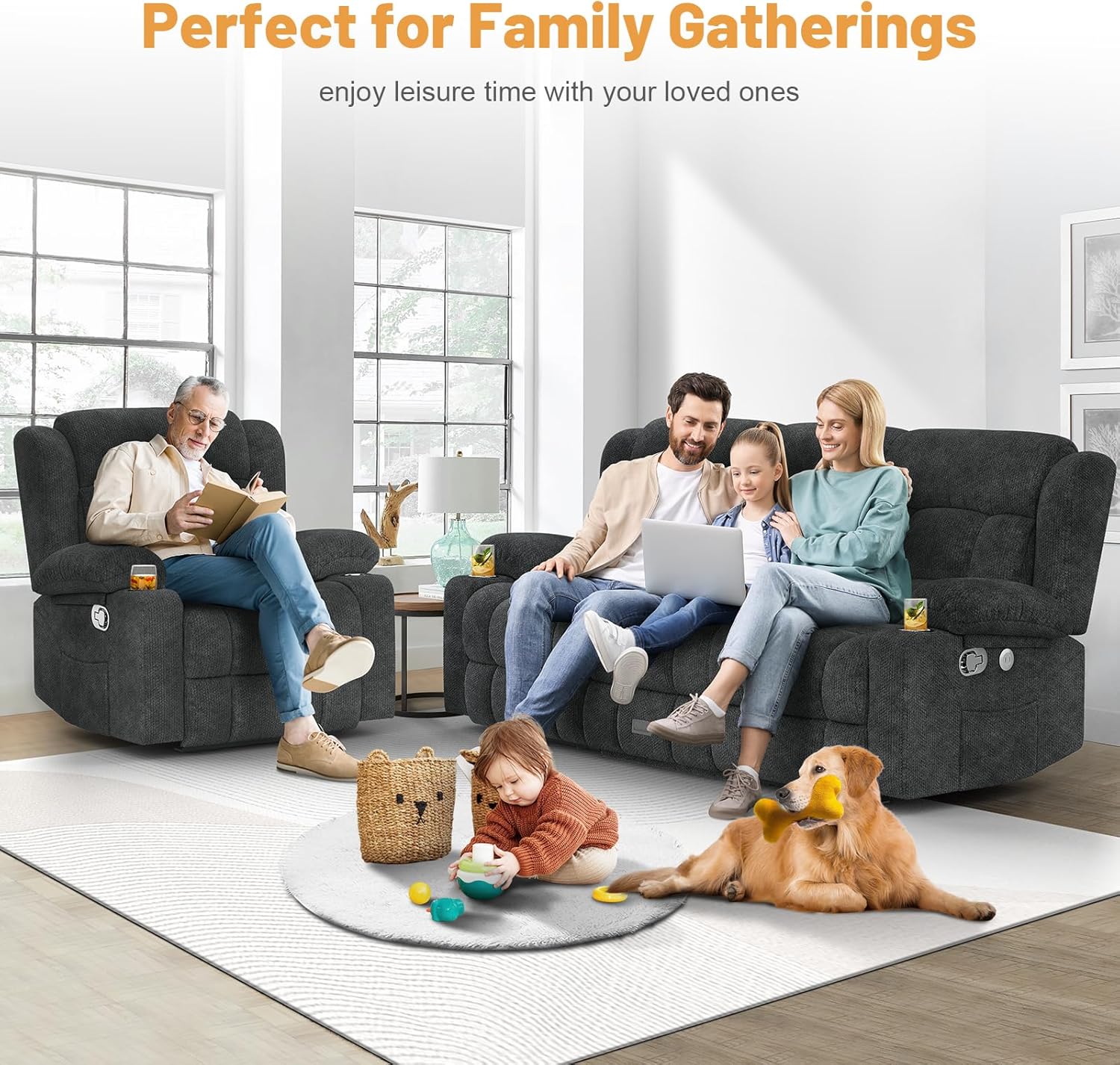 Dresegmt Loveseat Recliner Sofa 3 Seat Flip Backrest with Storage USB Cup Holders