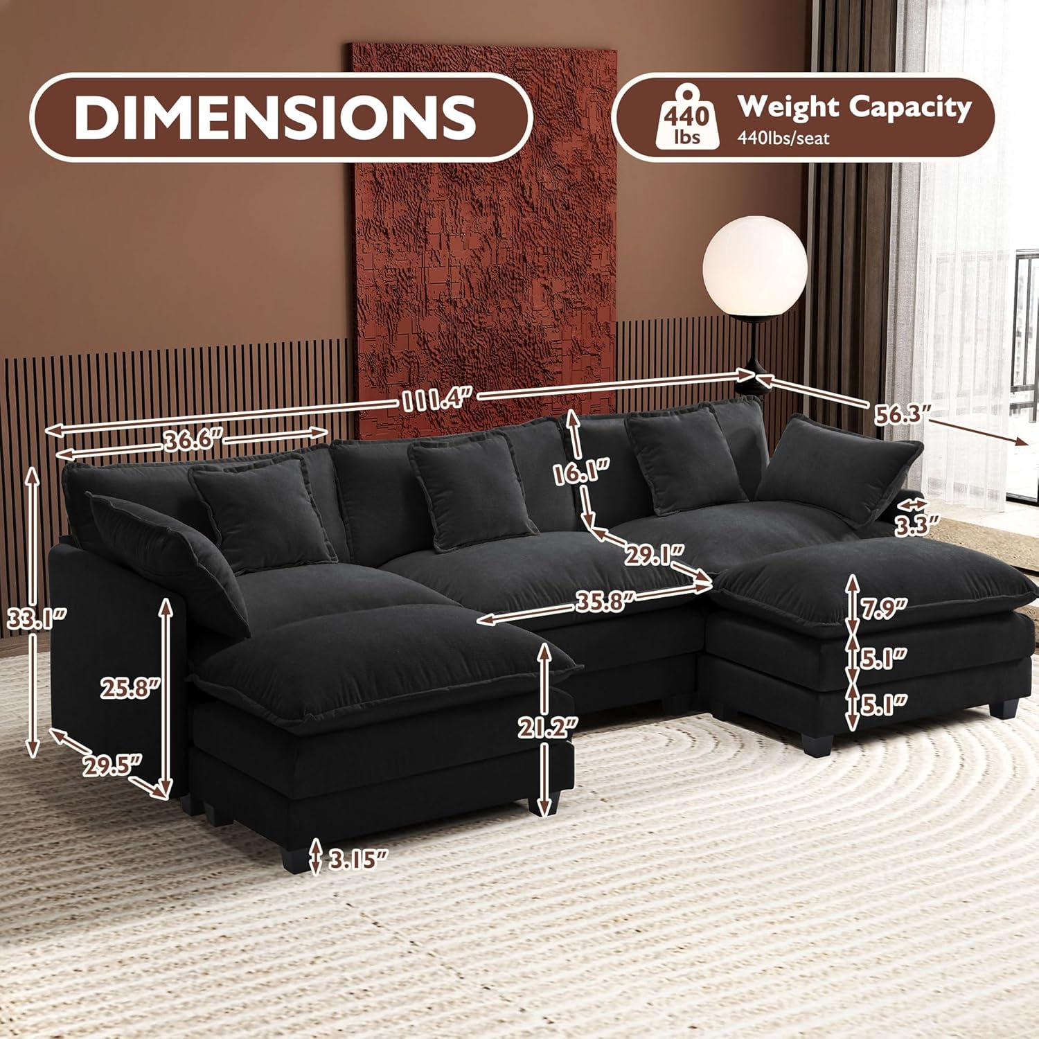 Ihanherry U Shaped Modular Cloud Sofa 5 Seat Chenille Sectional with Ottoman
