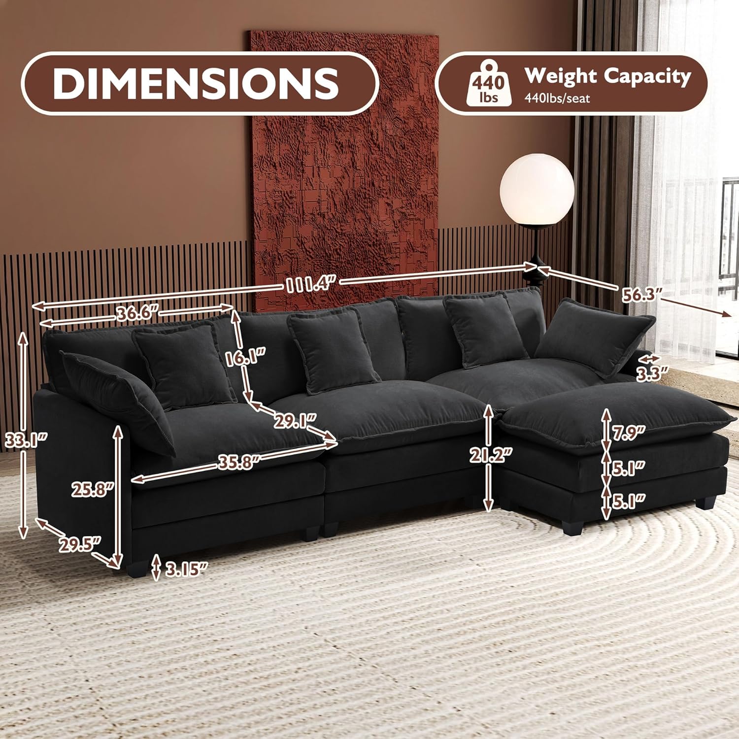 Ihanherry U Shaped Modular Cloud Sofa 5 Seat Chenille Sectional with Ottoman