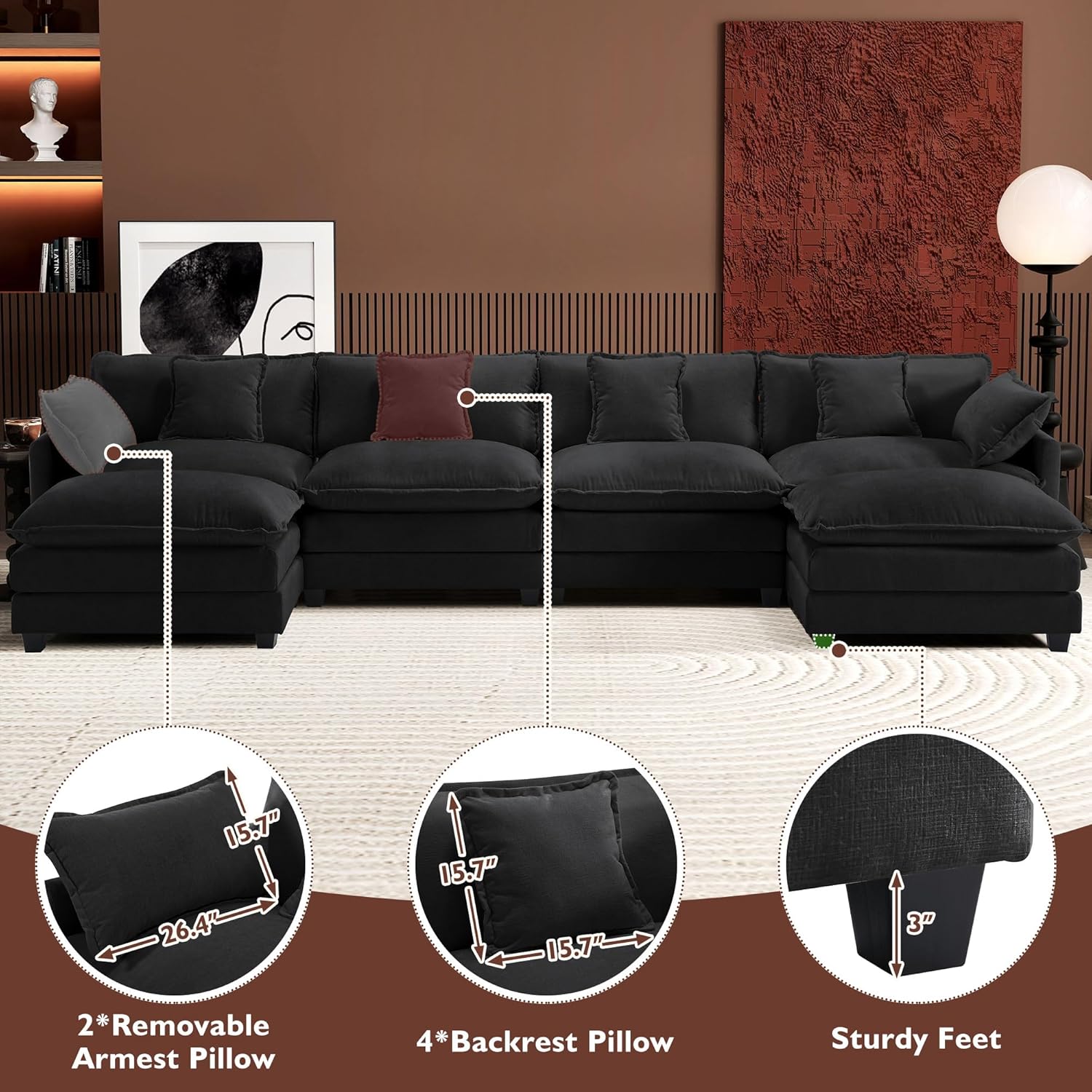 Ihanherry U Shaped Modular Sectional Sofa 5 Seat with 2 Ottomans Chenille