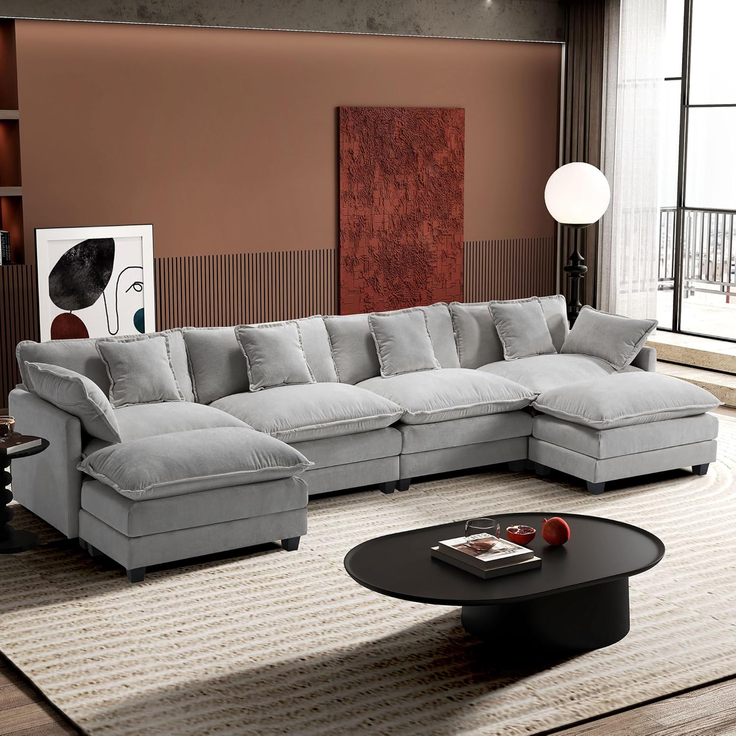 Ihanherry U Shaped Modular Cloud Sofa 5 Seat Chenille Sectional with Ottoman