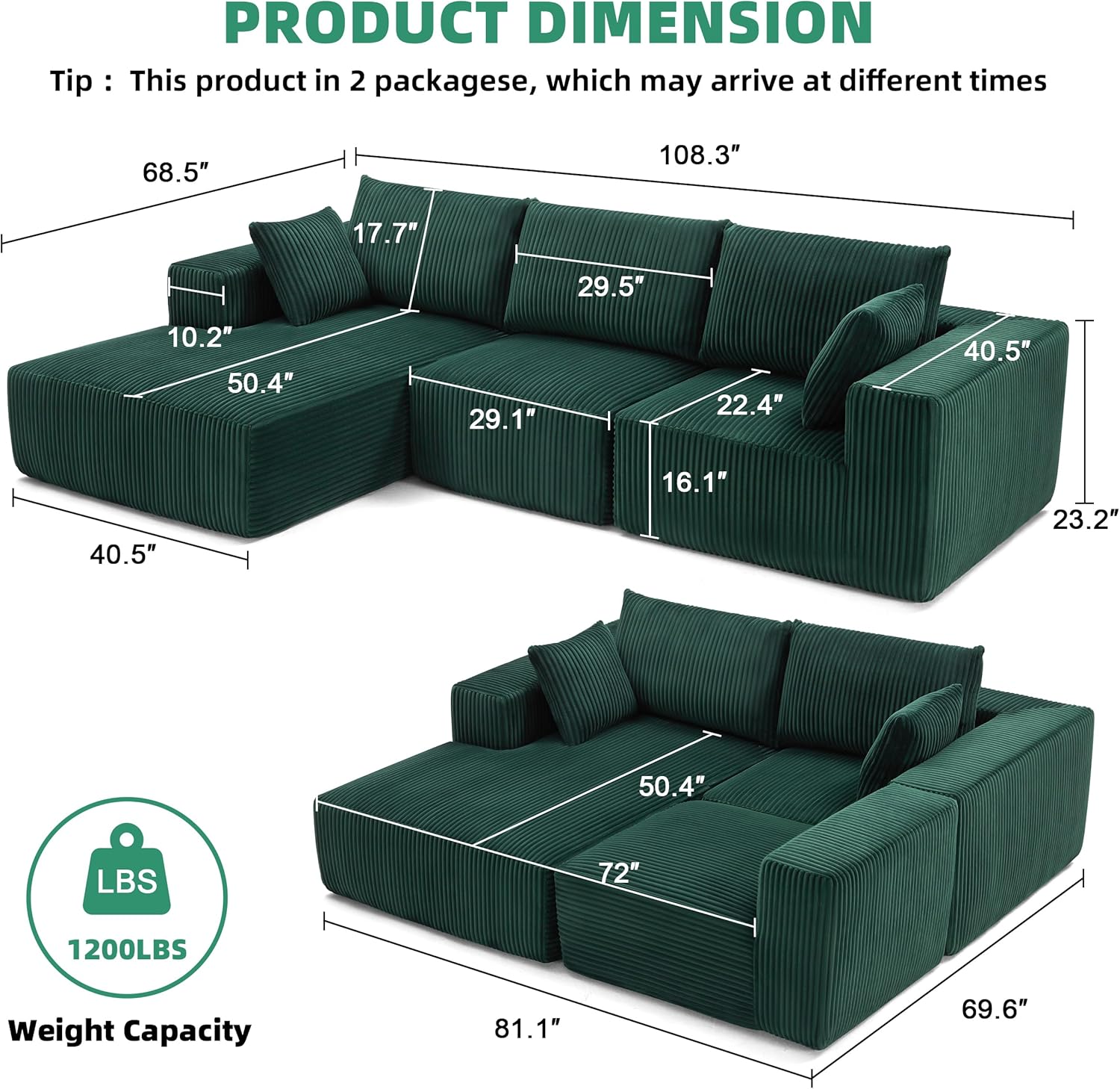 Weture 108" Modular Sectional Sofa Deep Seat Cloud L-Shape Couch with Chaise