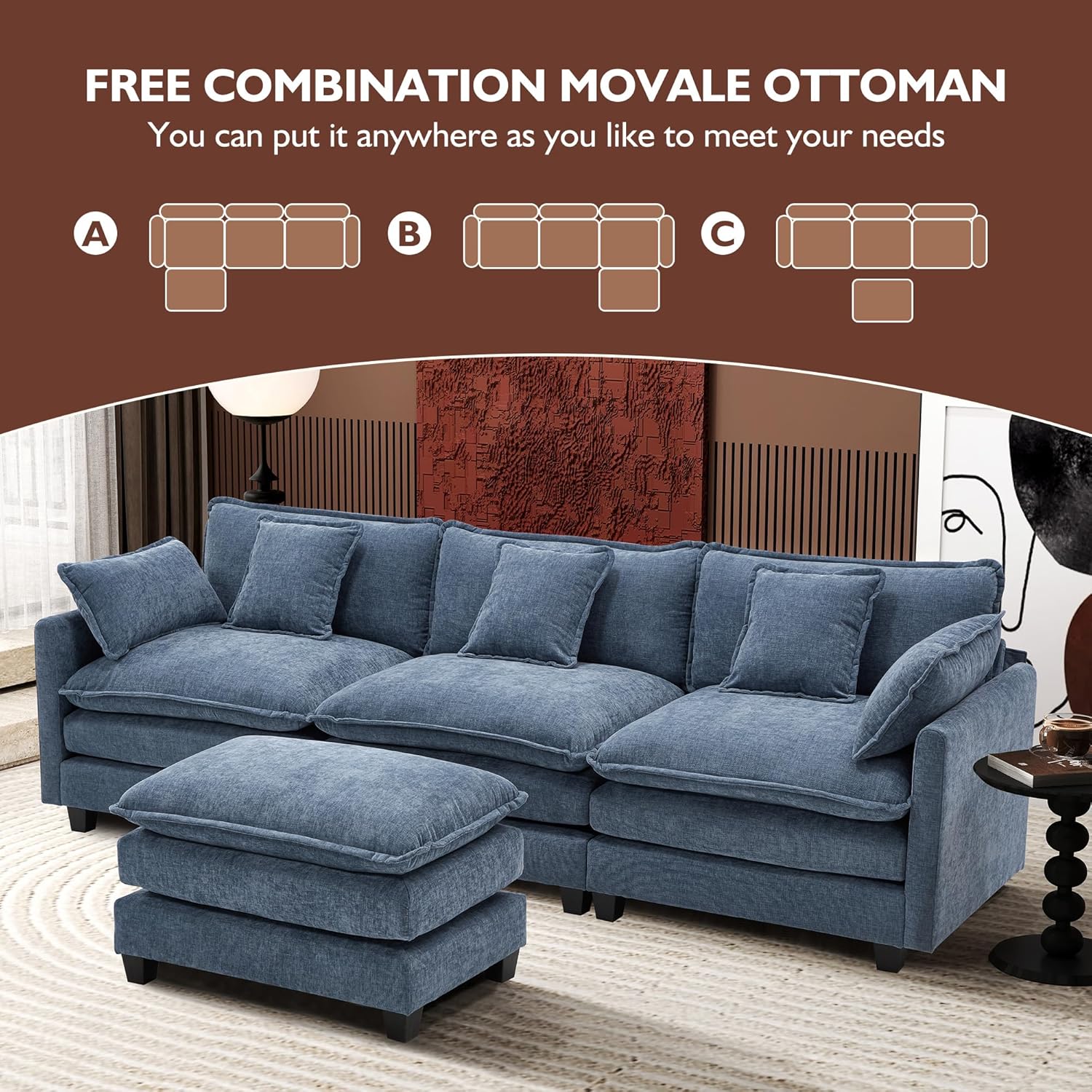 Ihanherry U Shaped Modular Sectional Sofa 5 Seat with 2 Ottomans Chenille