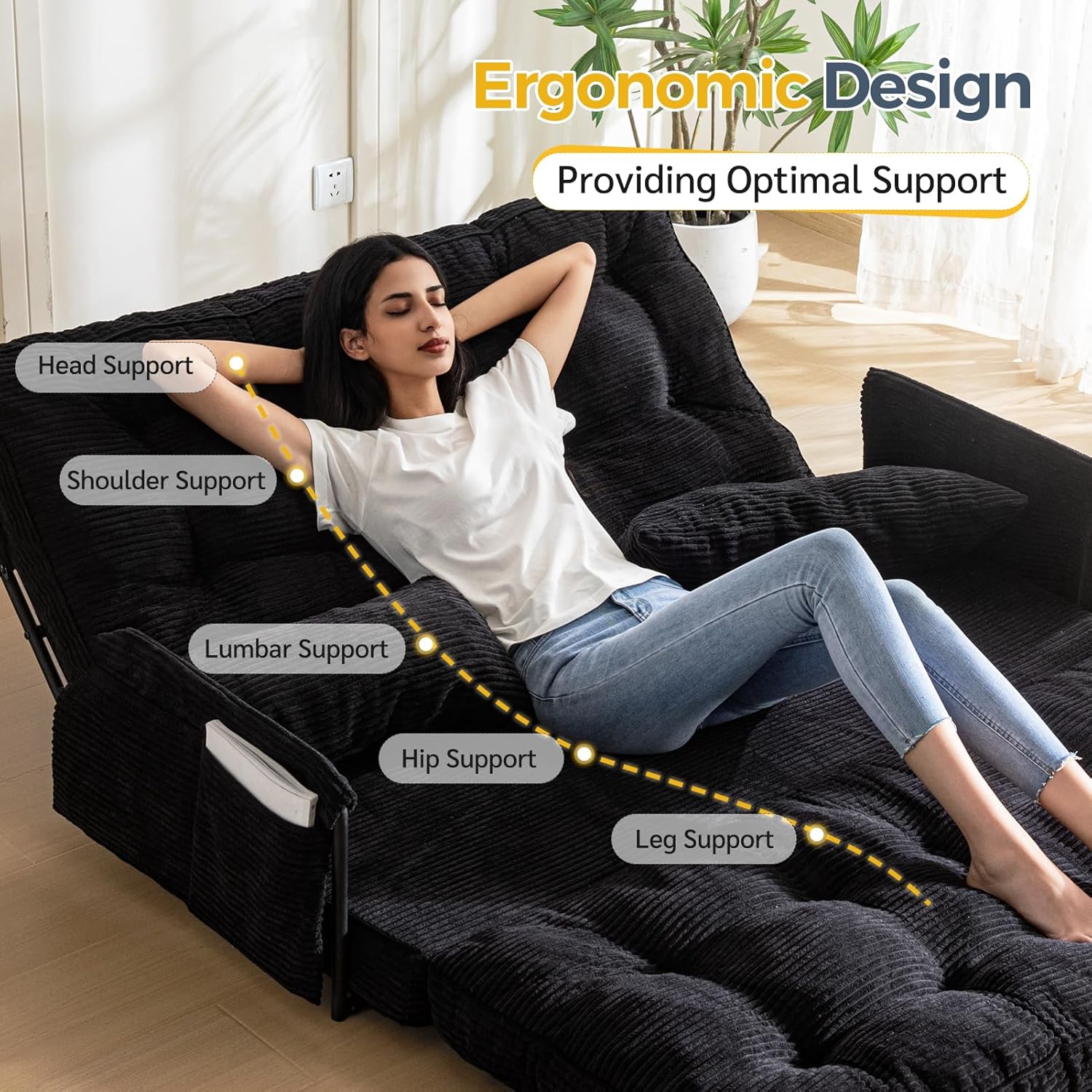 MAXYOYO Adjustable Floor Sofa Bed with Armrest Double Black Foldable Sleeper