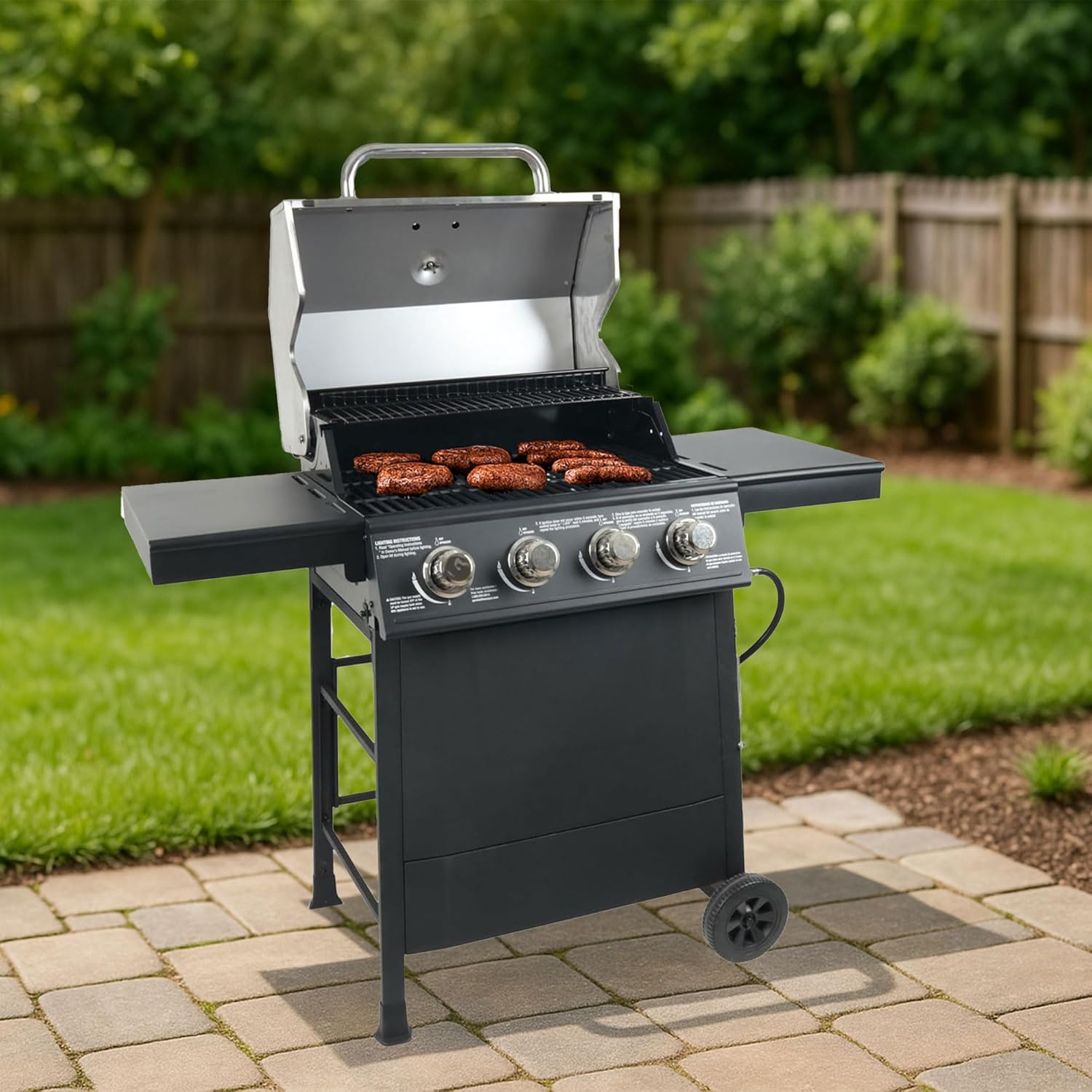 Cuisinart 4 Burner Propane Gas Grill Portable BBQ with Lid Wheels Side Shelves
