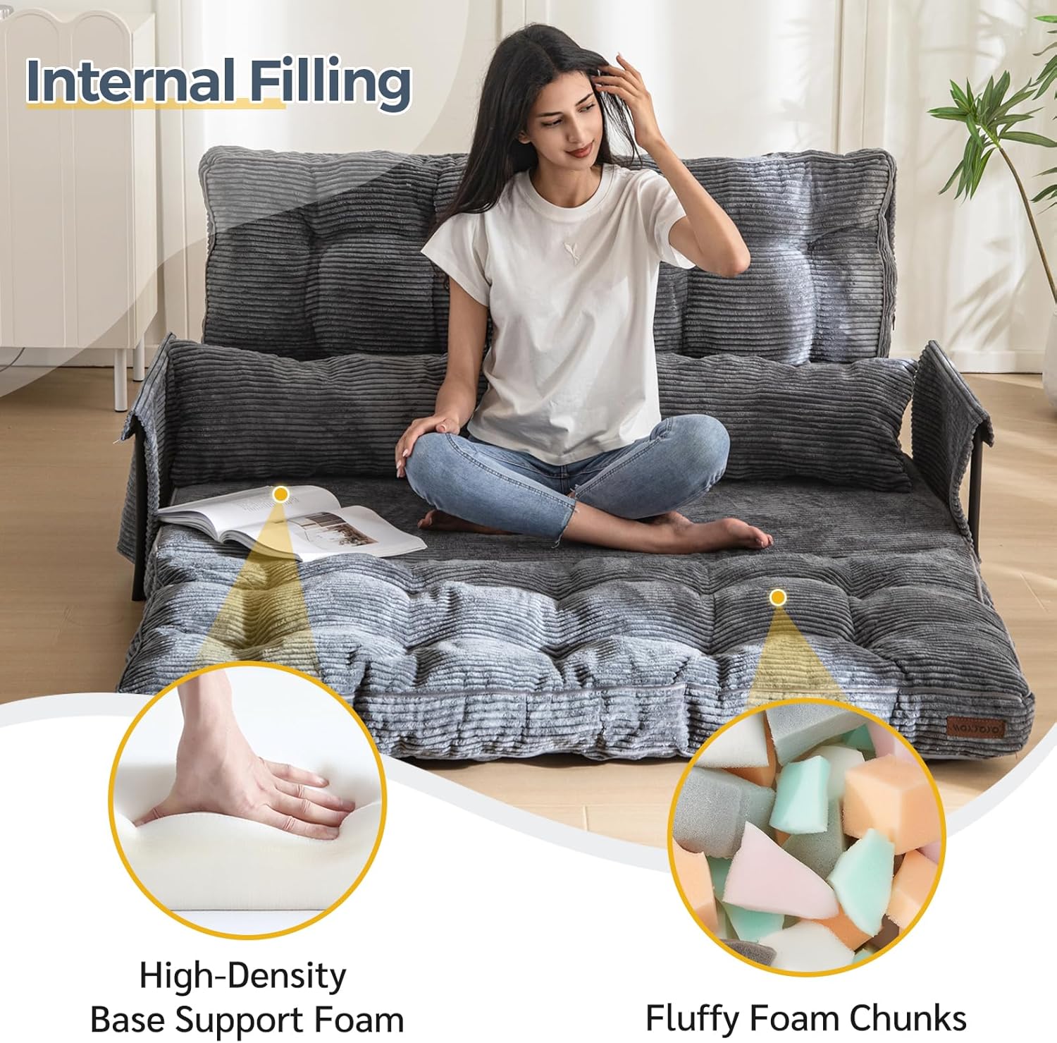 MAXYOYO Adjustable Floor Sofa Bed with Armrest Double Black Foldable Sleeper