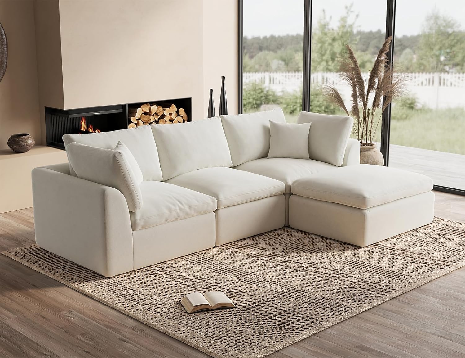 ohllob 110" Cloud Sectional Sofa L Shape Modular Couch with Ottoman 3 Seater