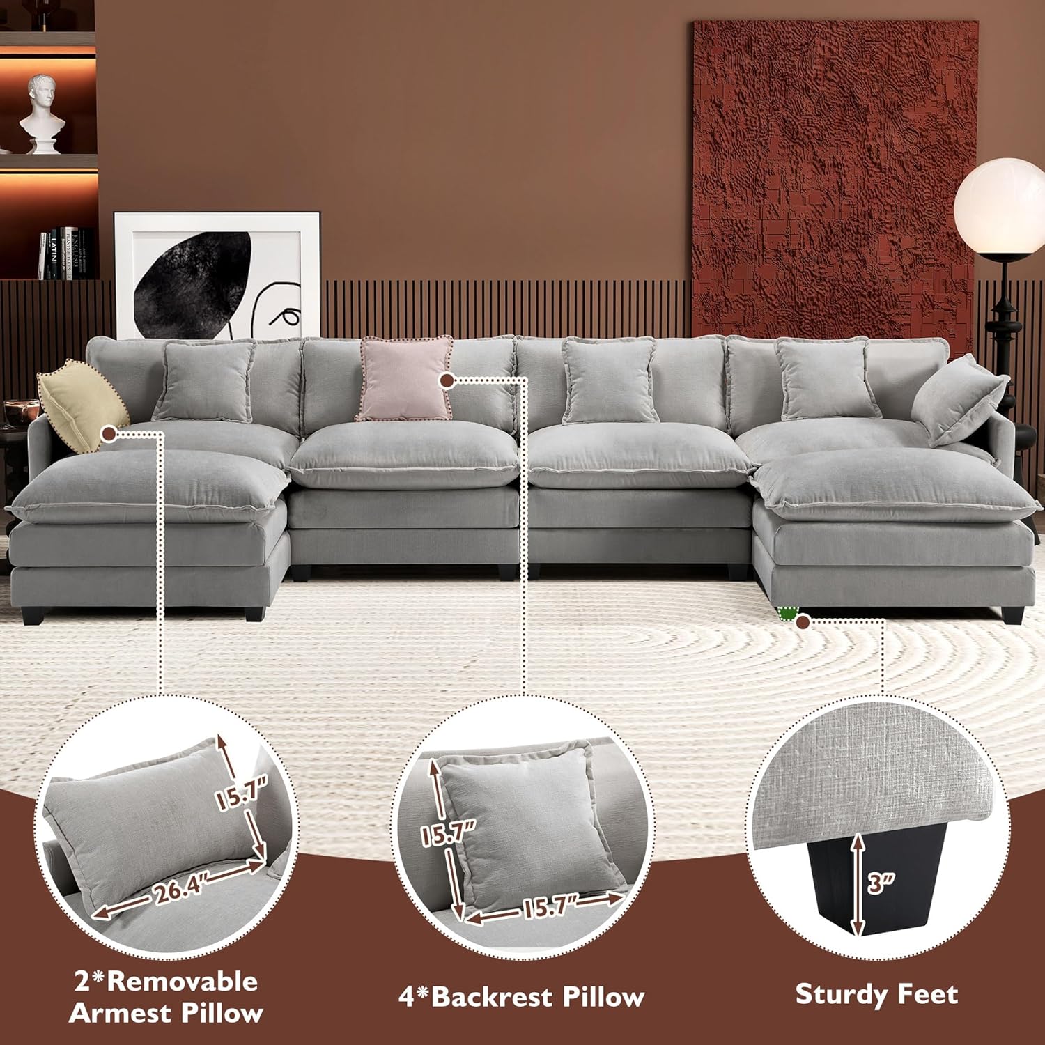 Ihanherry U Shaped Modular Cloud Sofa 5 Seat Chenille Sectional with Ottoman