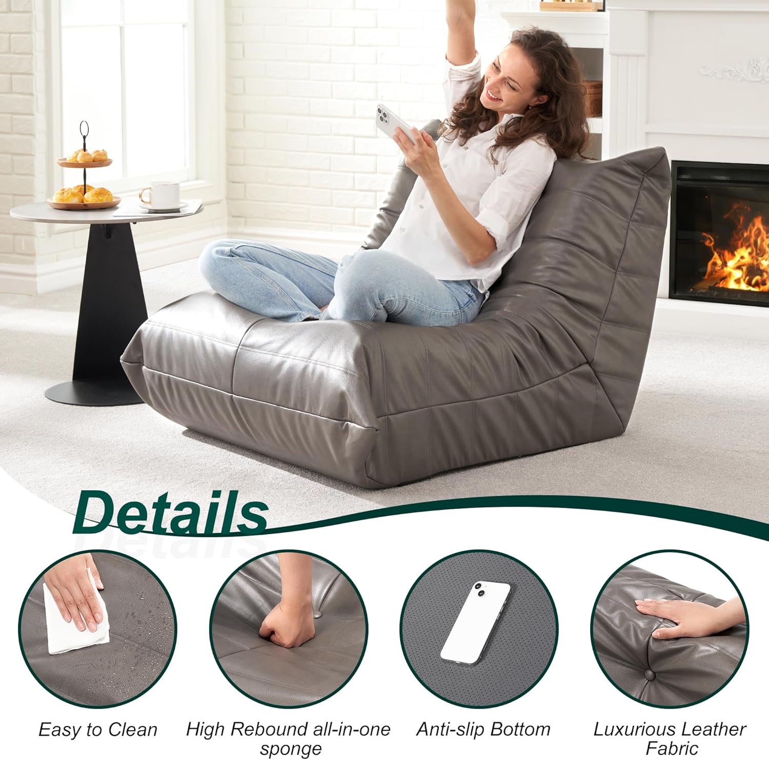 Hobestluk Giant Bean Bag Chair Memory Foam Faux Leather Floor Sofa for Adults