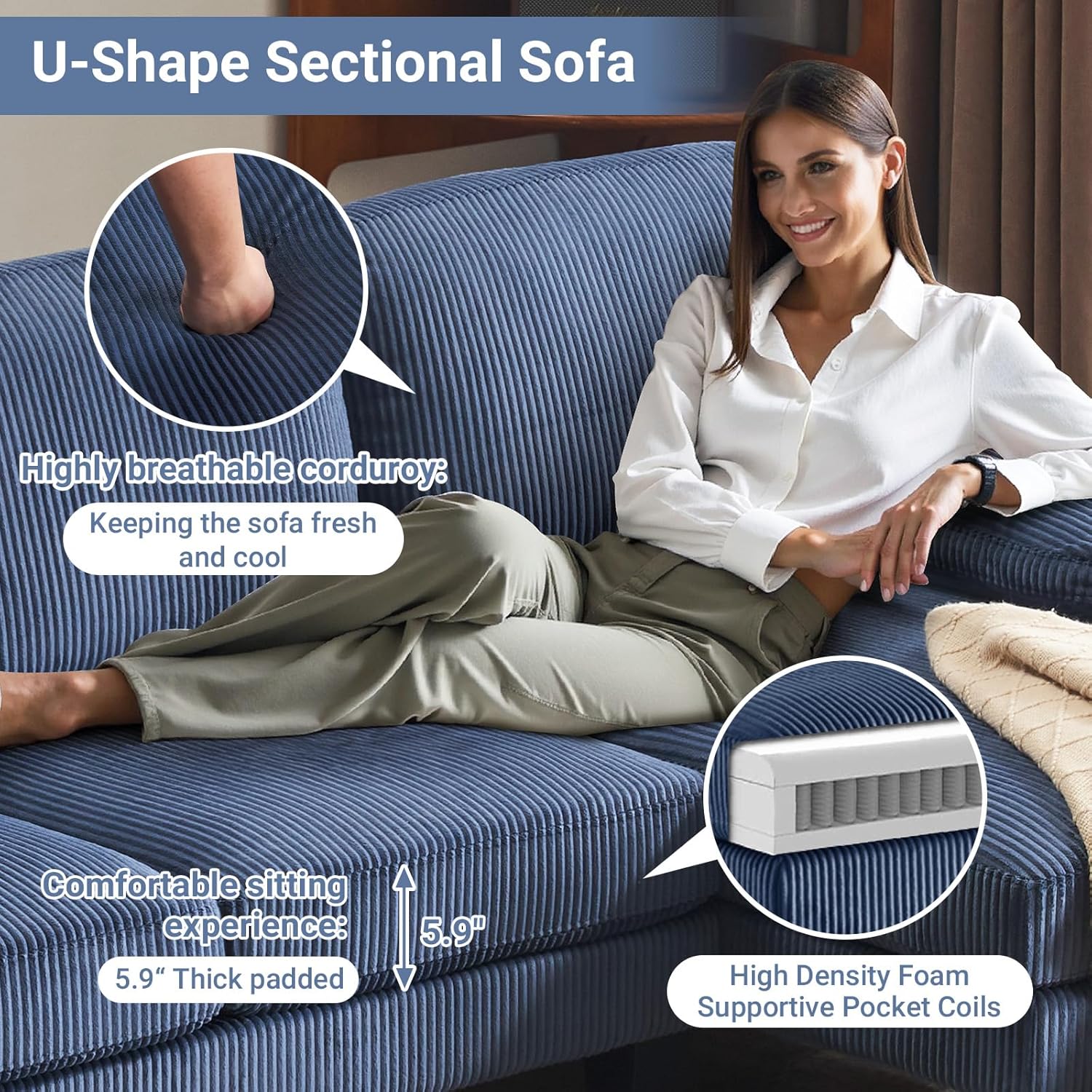 VINGLI 110 Sectional Couch U Shaped Sofa Set with Double Chaise Chenille Fabric