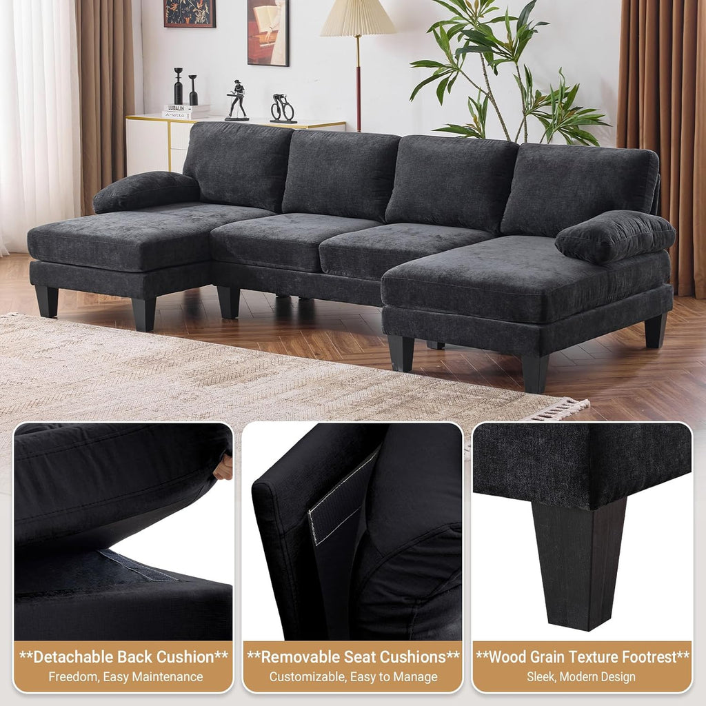 VINGLI 110 Sectional Couch U Shaped Sofa Set with Double Chaise Chenille Fabric