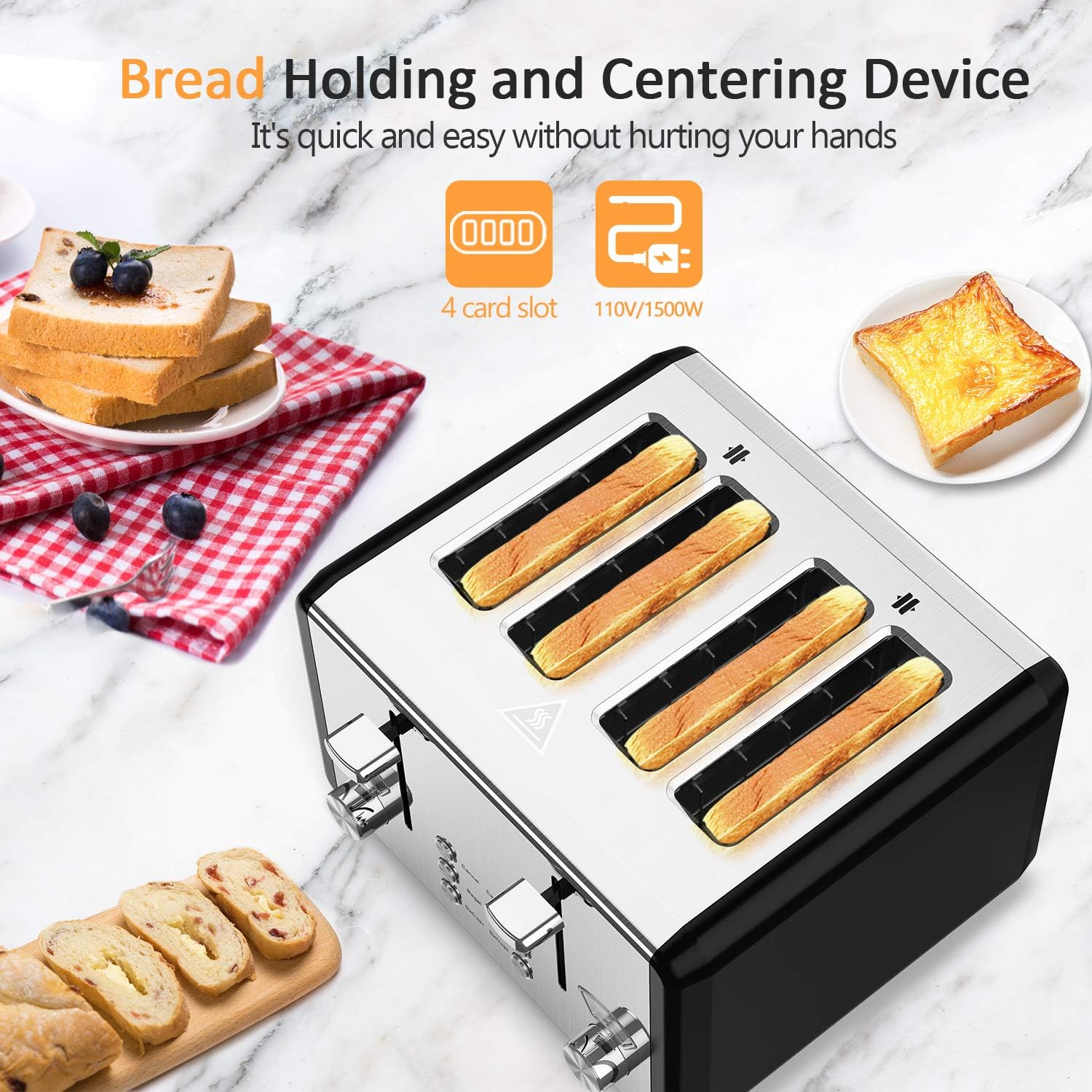 whall Digital Touch Screen Toaster 4 Slice Stainless Steel Dual Control Wide Slots
