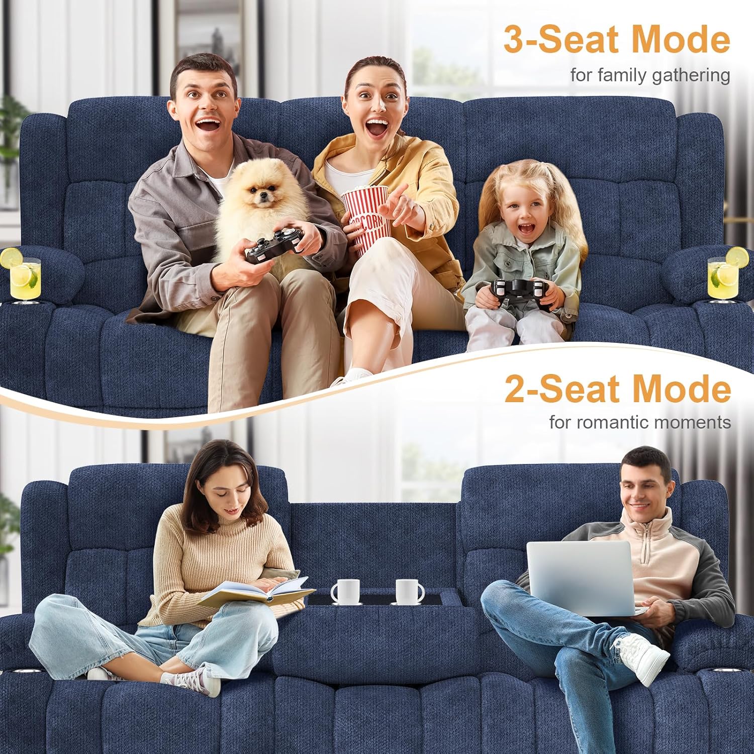 Dresegmt Loveseat Recliner Sofa 3 Seat Flip Backrest with Storage USB Cup Holders