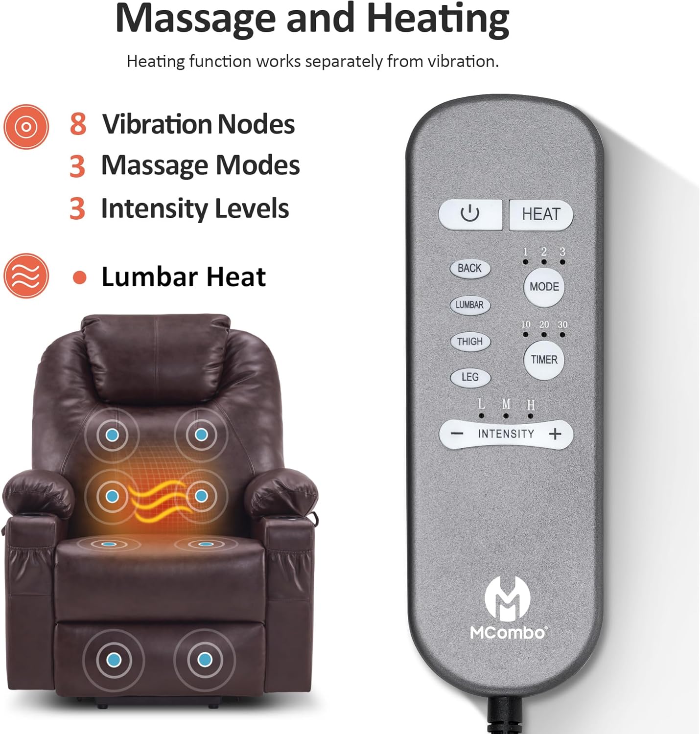 MCombo Electric Power Lift Recliner Massage Heat Chair for Elderly 3 Positions 2 Pockets USB