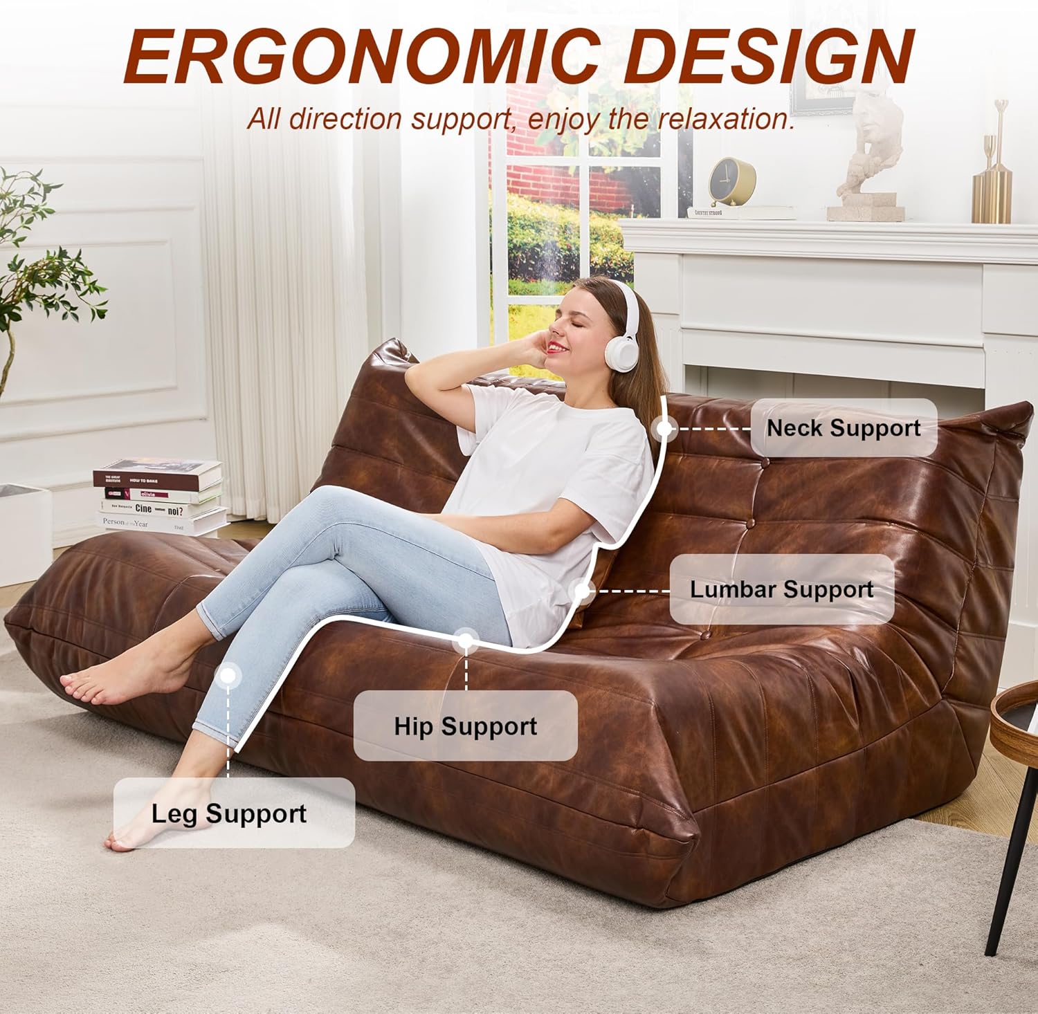 Hobestluk Giant Bean Bag Chair Memory Foam Faux Leather Floor Sofa for Adults