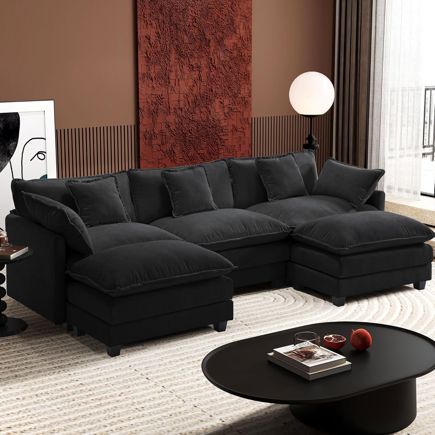 Ihanherry U Shaped Modular Cloud Sofa 5 Seat Chenille Sectional with Ottoman