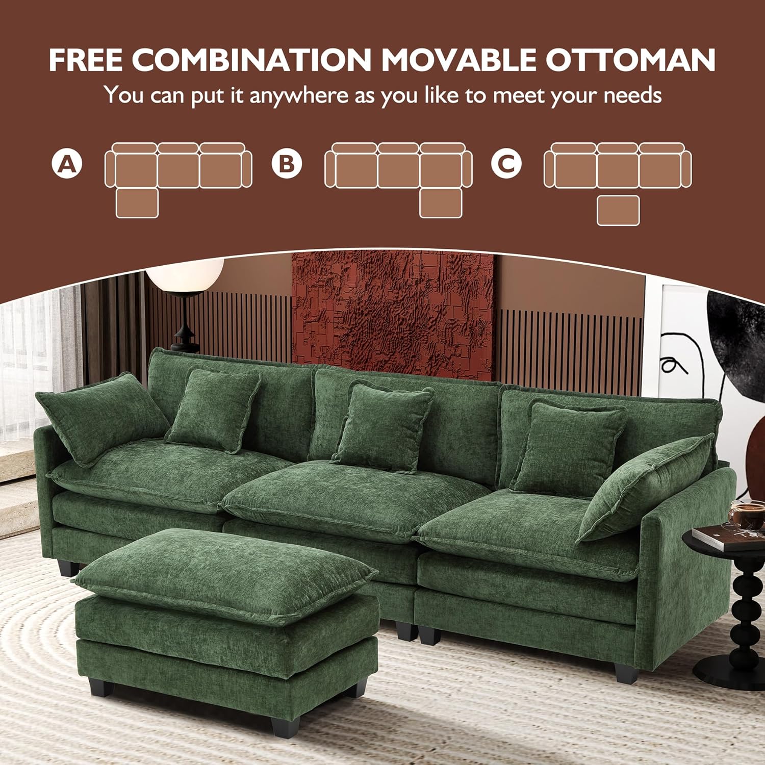 Ihanherry U Shaped Modular Cloud Sofa 5 Seat Chenille Sectional with Ottoman