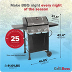 Cuisinart 4 Burner Propane Gas Grill Portable BBQ with Lid Wheels Side Shelves