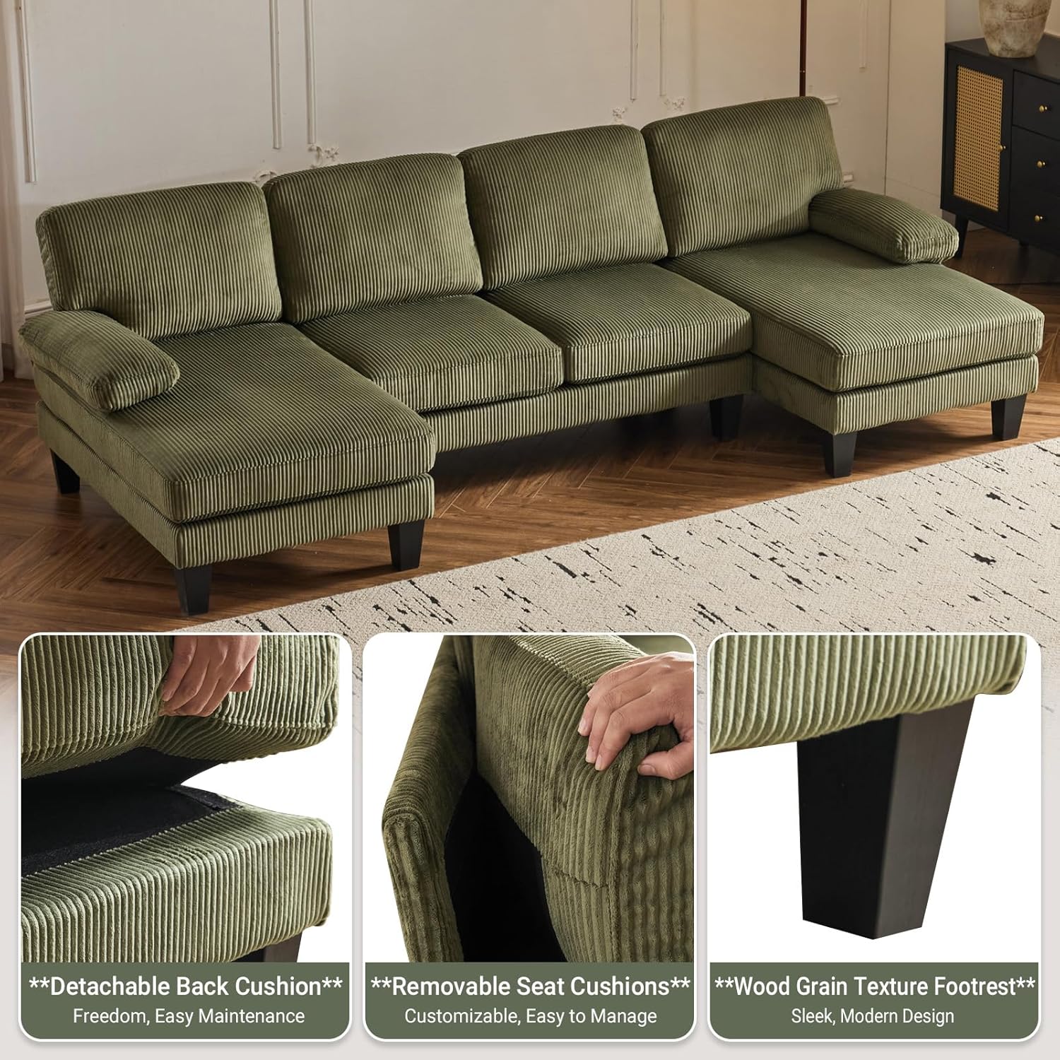 VINGLI 110 Sectional Couch U Shaped Sofa Set with Double Chaise Chenille Fabric