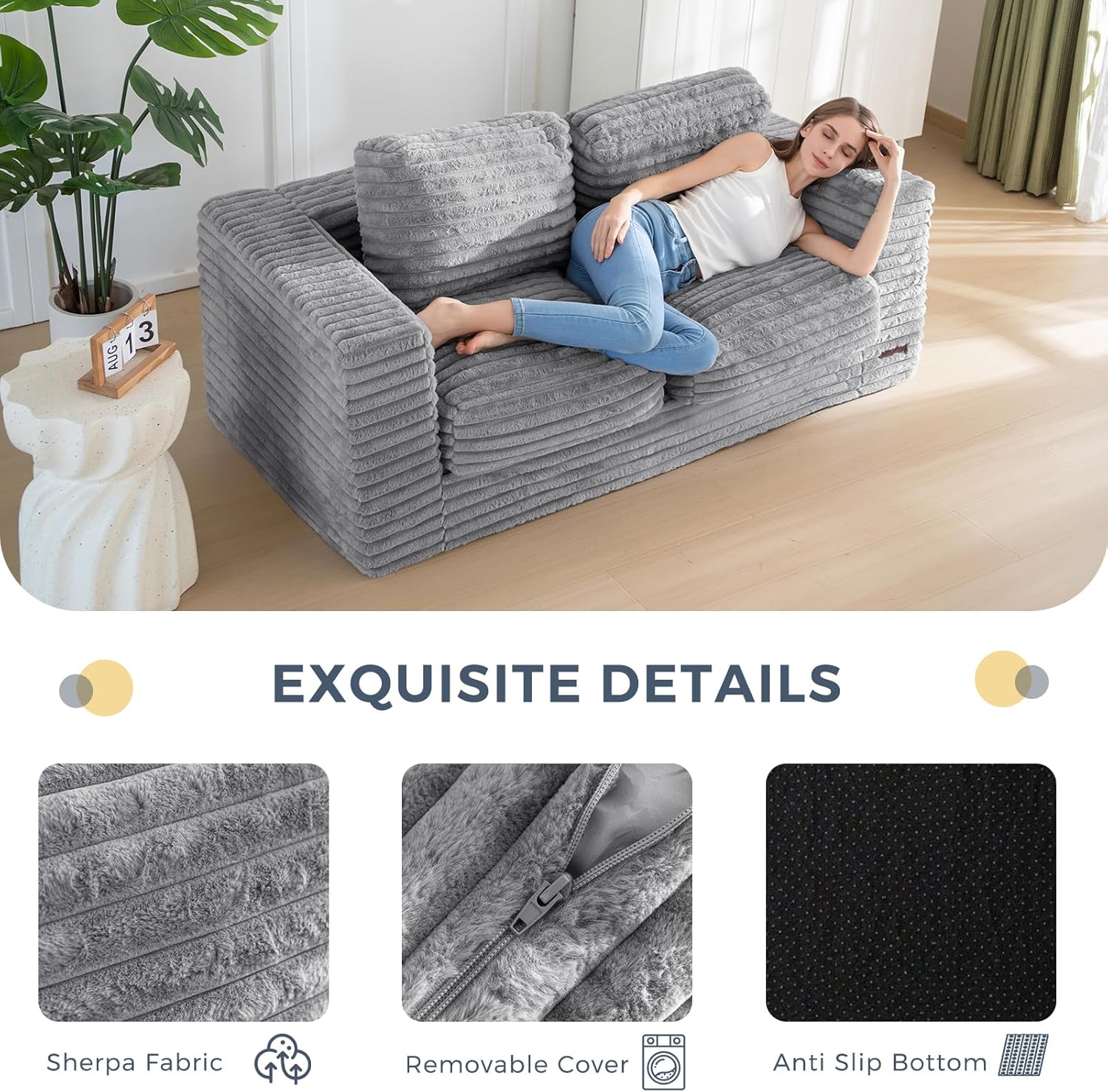 MAXYOYO Bean Bag Sofa with Armrests and Pillows Two Seat Fluffy Floor Couch