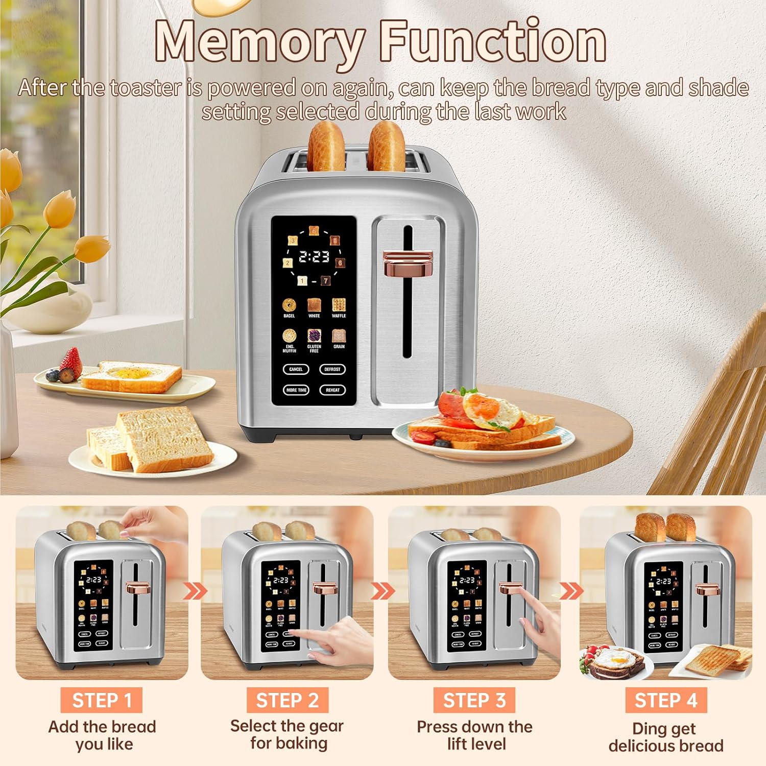 SEEDEEM 4 Slice Touch Screen Toaster LCD Display 7 Shade Settings Wide Slots 1800W