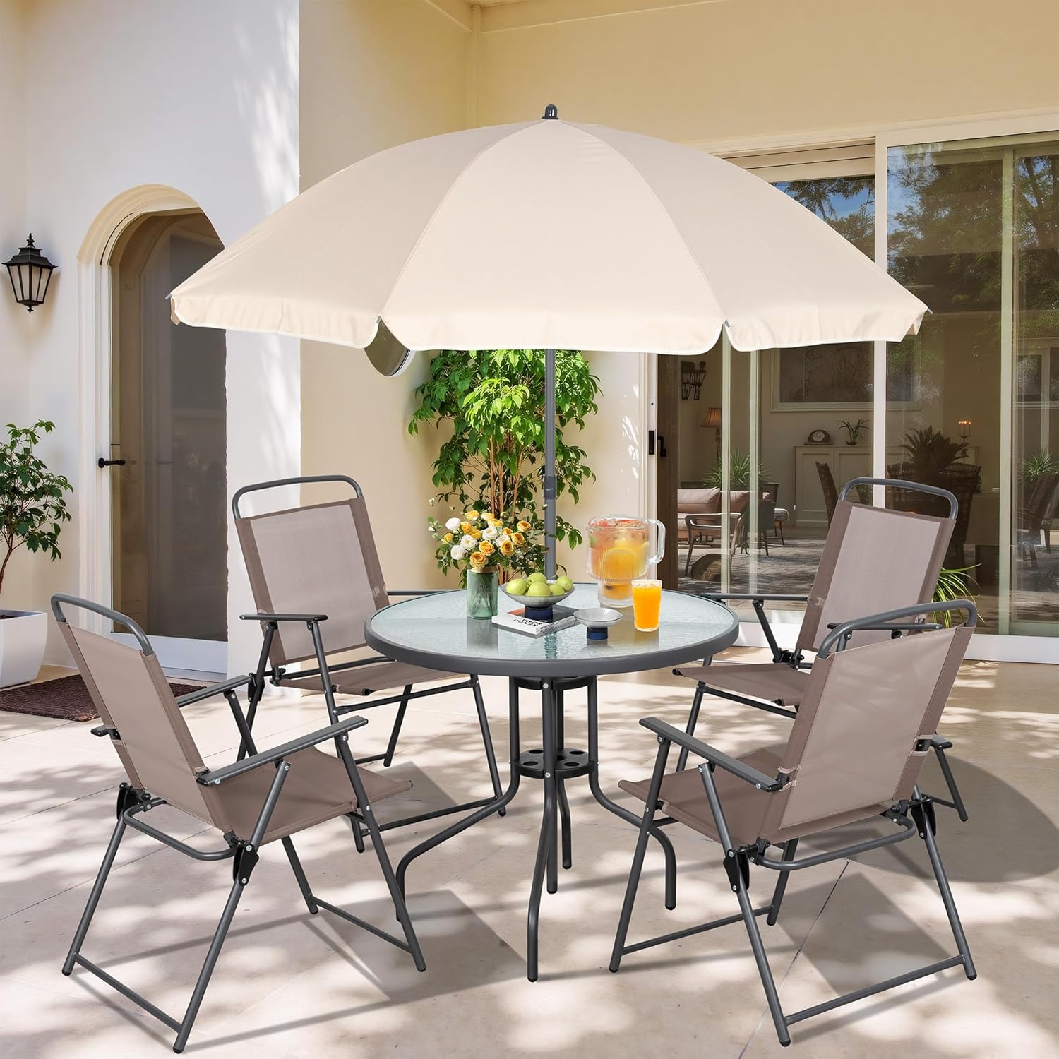 Vongrasig 6 Piece Folding Patio Dining Set Outdoor Table with 4 Chairs Umbrella