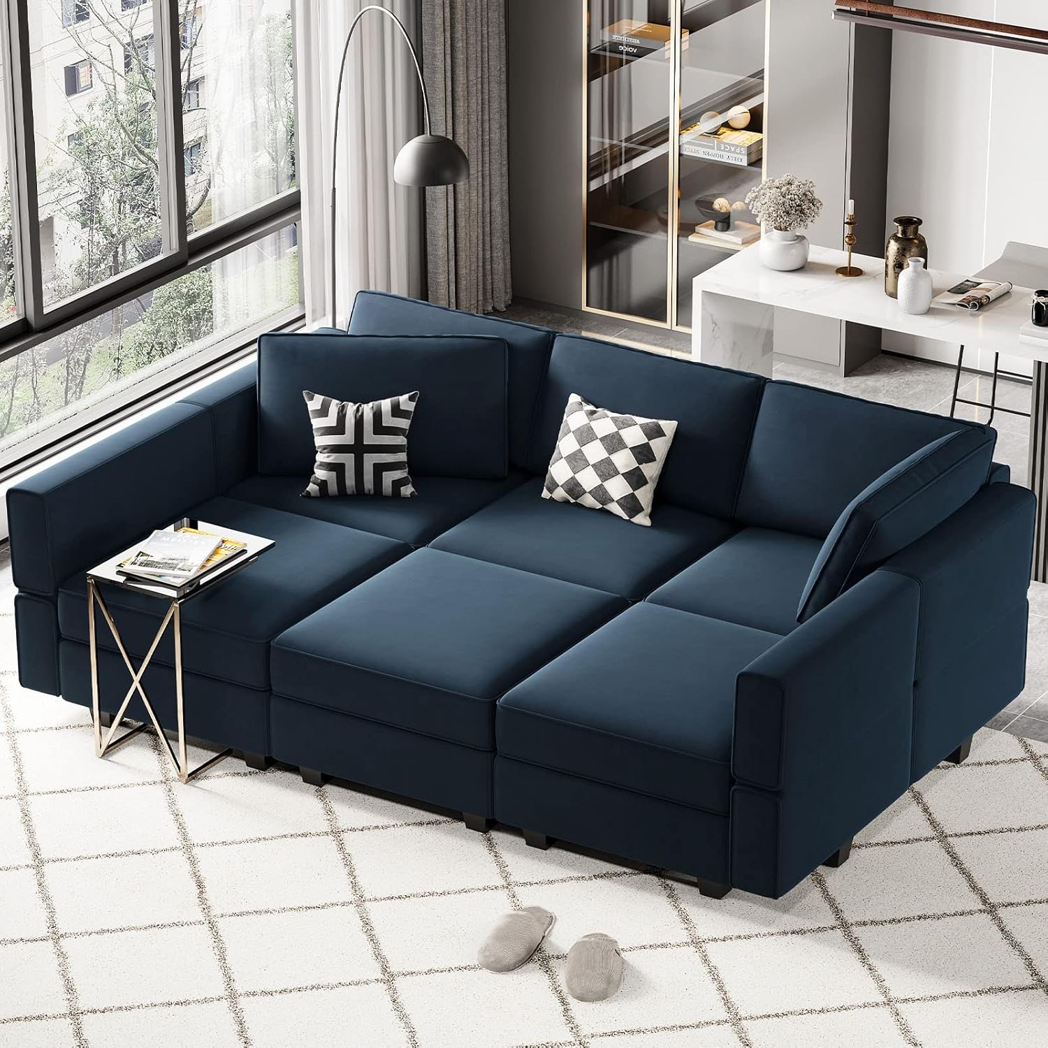 Belffin Reversible Modular Sectional Sofa with Ottomans Velvet Sleeper Chaise Bed Storage Seat Black