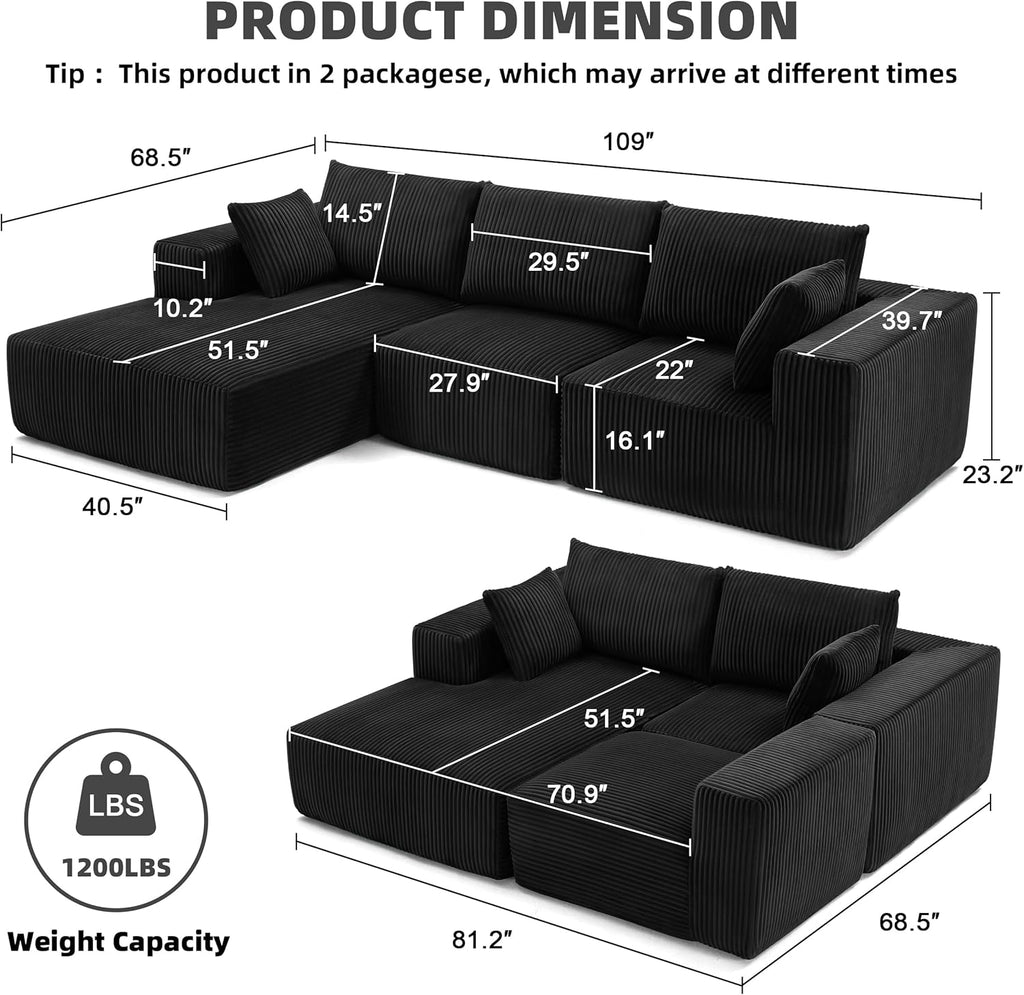 Weture 108" Modular Sectional Sofa Deep Seat Cloud L-Shape Couch with Chaise