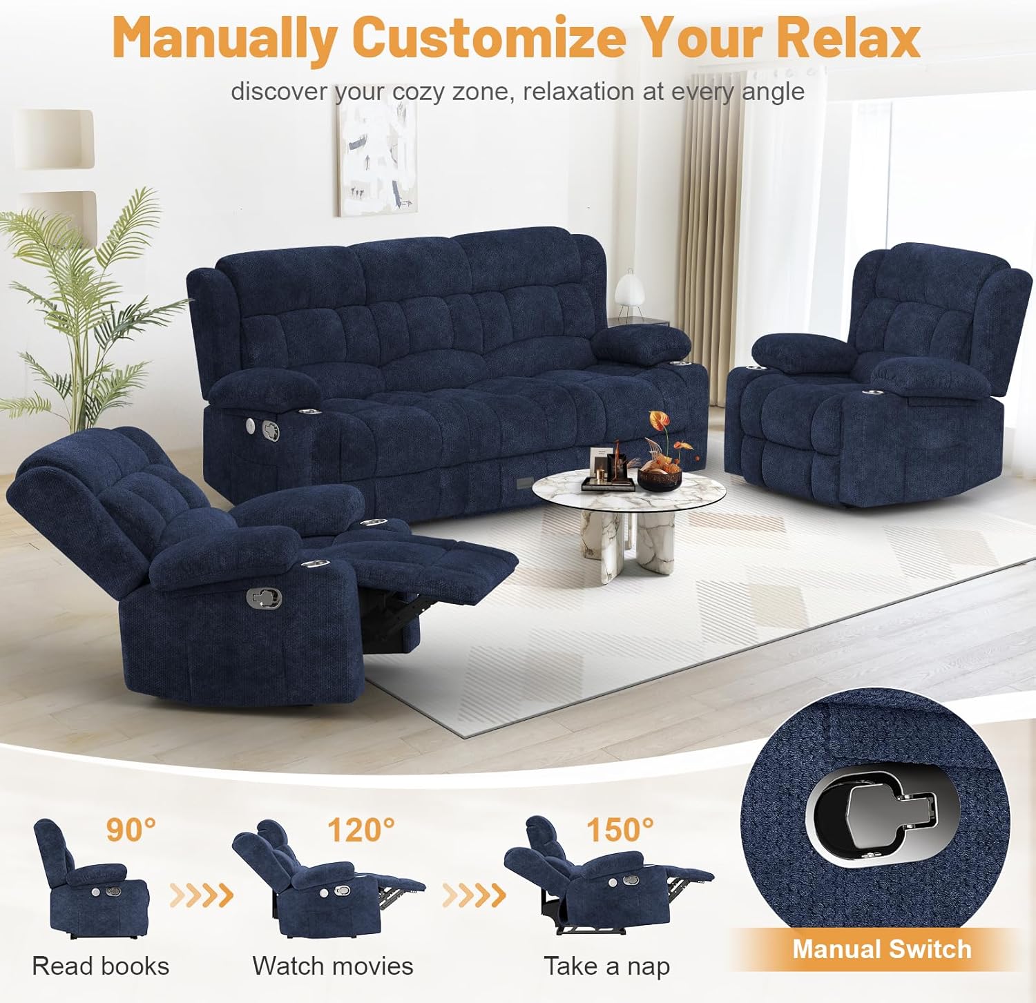 Dresegmt 3 Seat Loveseat Recliner Sofa Flip Middle Storage USB Ports Cup Holders