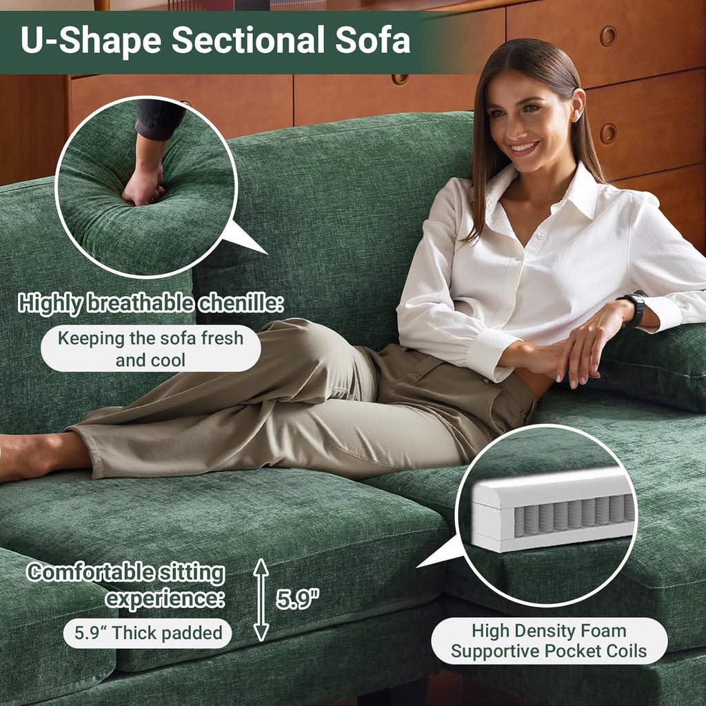 VINGLI 110 Sectional Couch U Shaped Sofa Set with Double Chaise Chenille Fabric