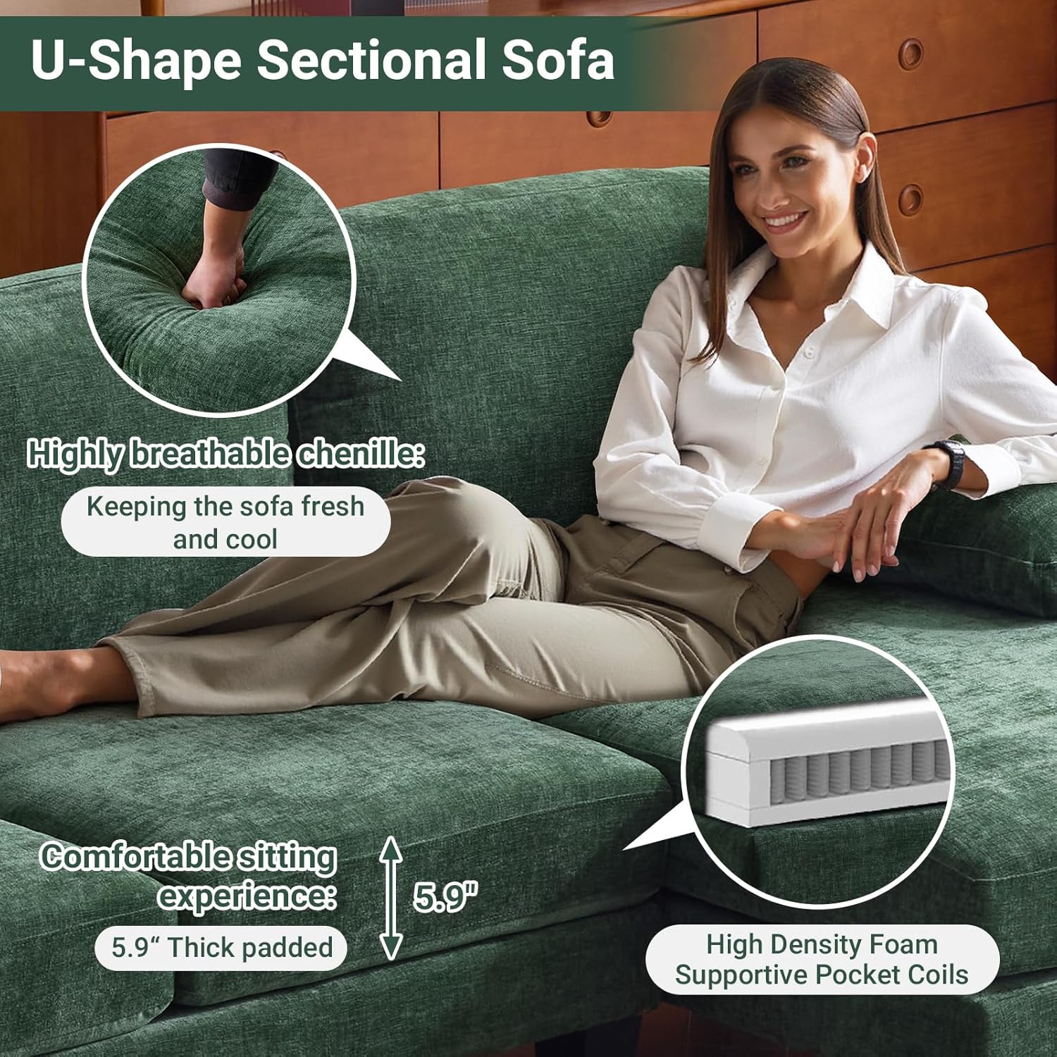 VINGLI 110 Sectional Couch U Shaped Sofa Set with Double Chaise Chenille Fabric