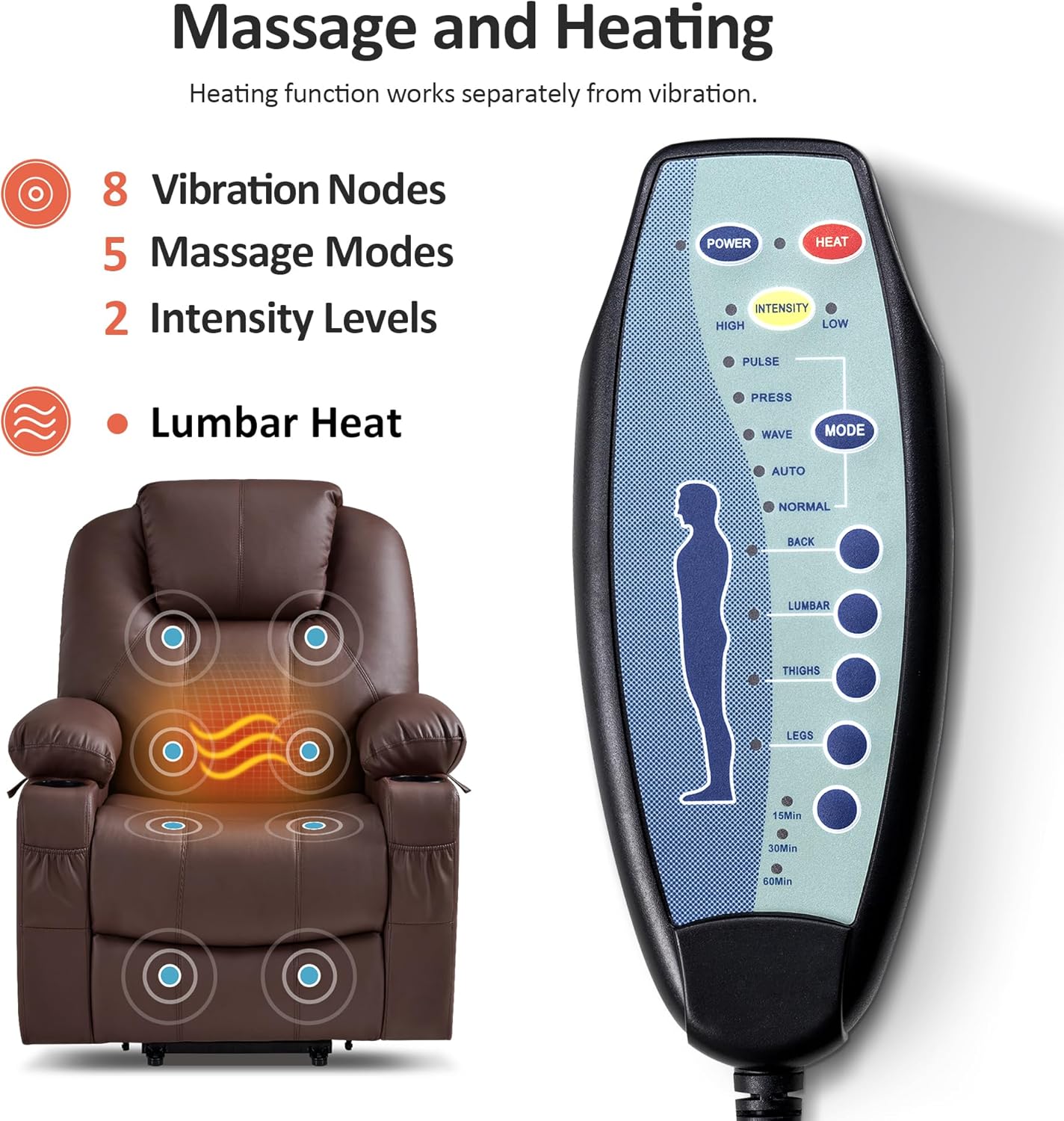 MCombo Electric Power Lift Recliner Massage Heat Chair for Elderly 3 Positions 2 Pockets USB