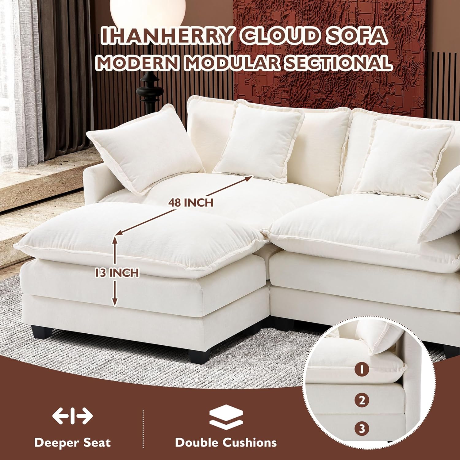 Ihanherry U Shaped Modular Cloud Sofa 5 Seat Chenille Sectional with Ottoman