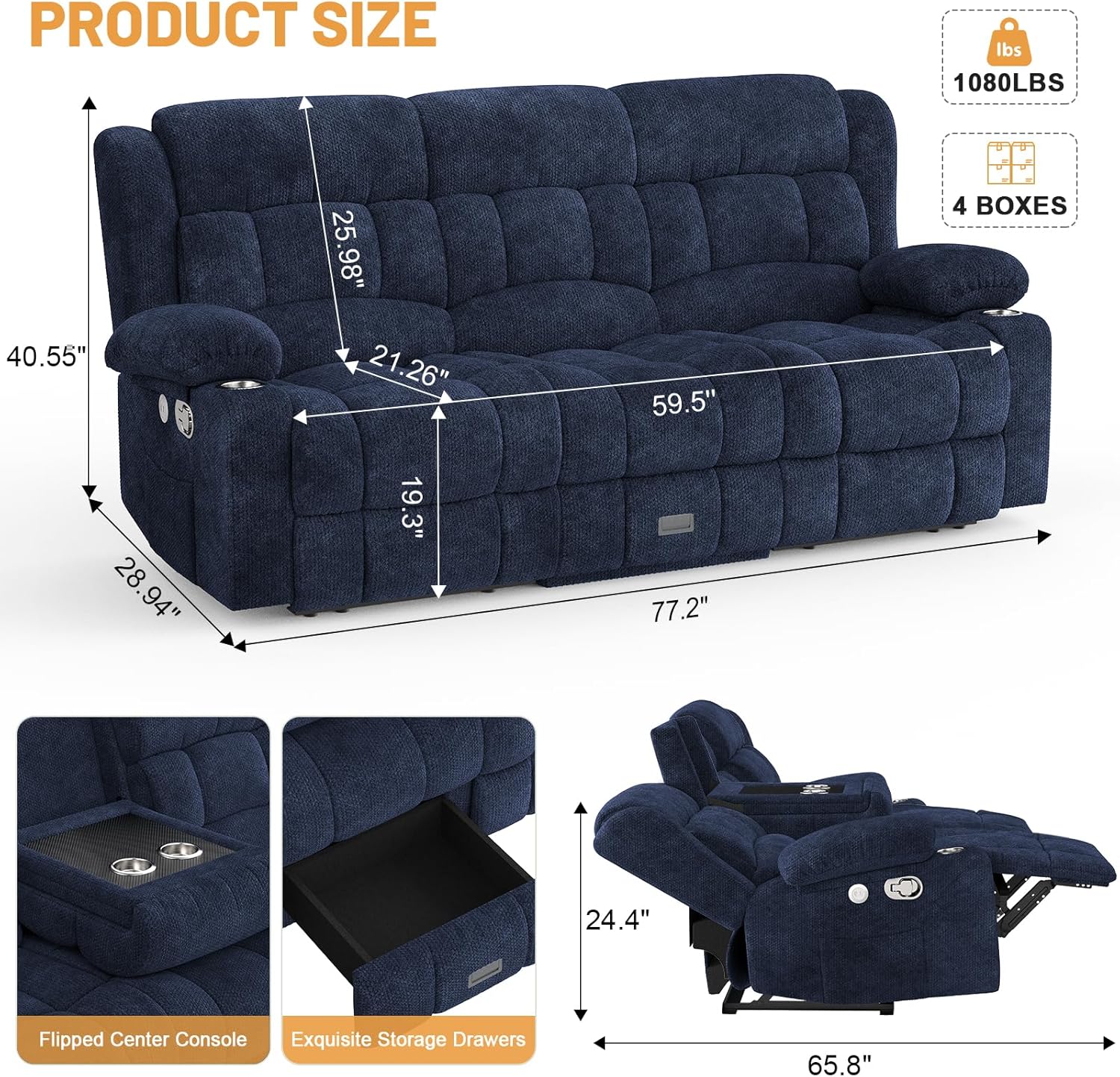 Dresegmt Loveseat Recliner Sofa 3 Seat Flip Backrest with Storage USB Cup Holders