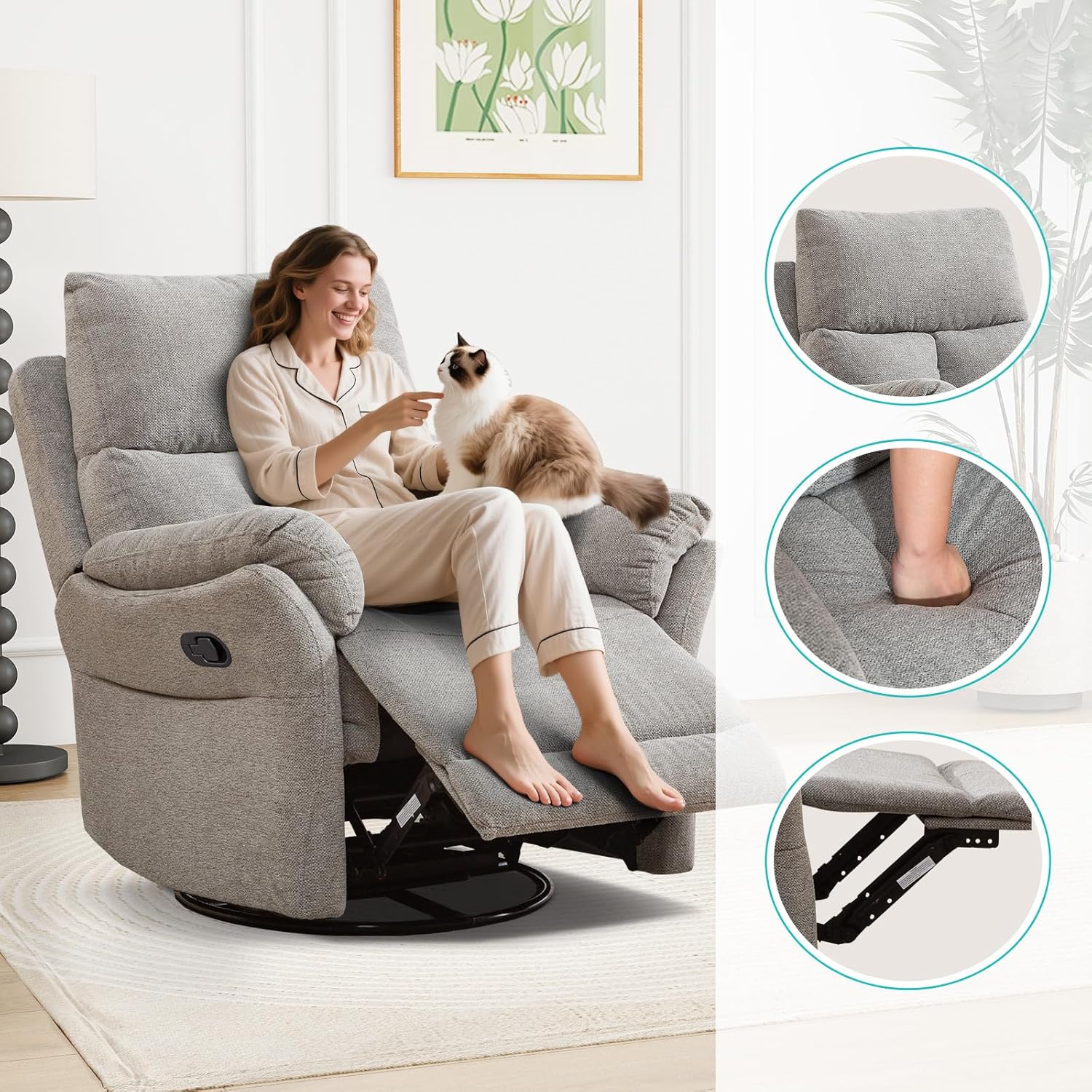 ANJ Swivel Rocker Recliner Chair Manual Fabric Small Space