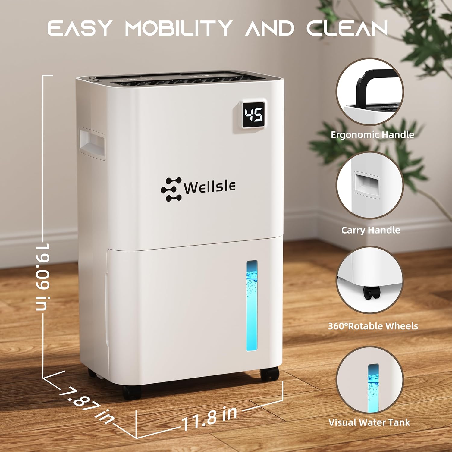 Wellsle 50 Pint Dehumidifier for Home Basement Bedroom Quiet Smart Auto Drain Hose