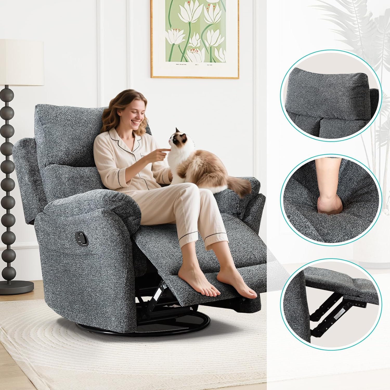ANJ Swivel Rocker Recliner Chair Manual Fabric Small Space