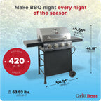 Cuisinart 4 Burner Propane Gas Grill Portable BBQ with Lid Wheels Side Shelves