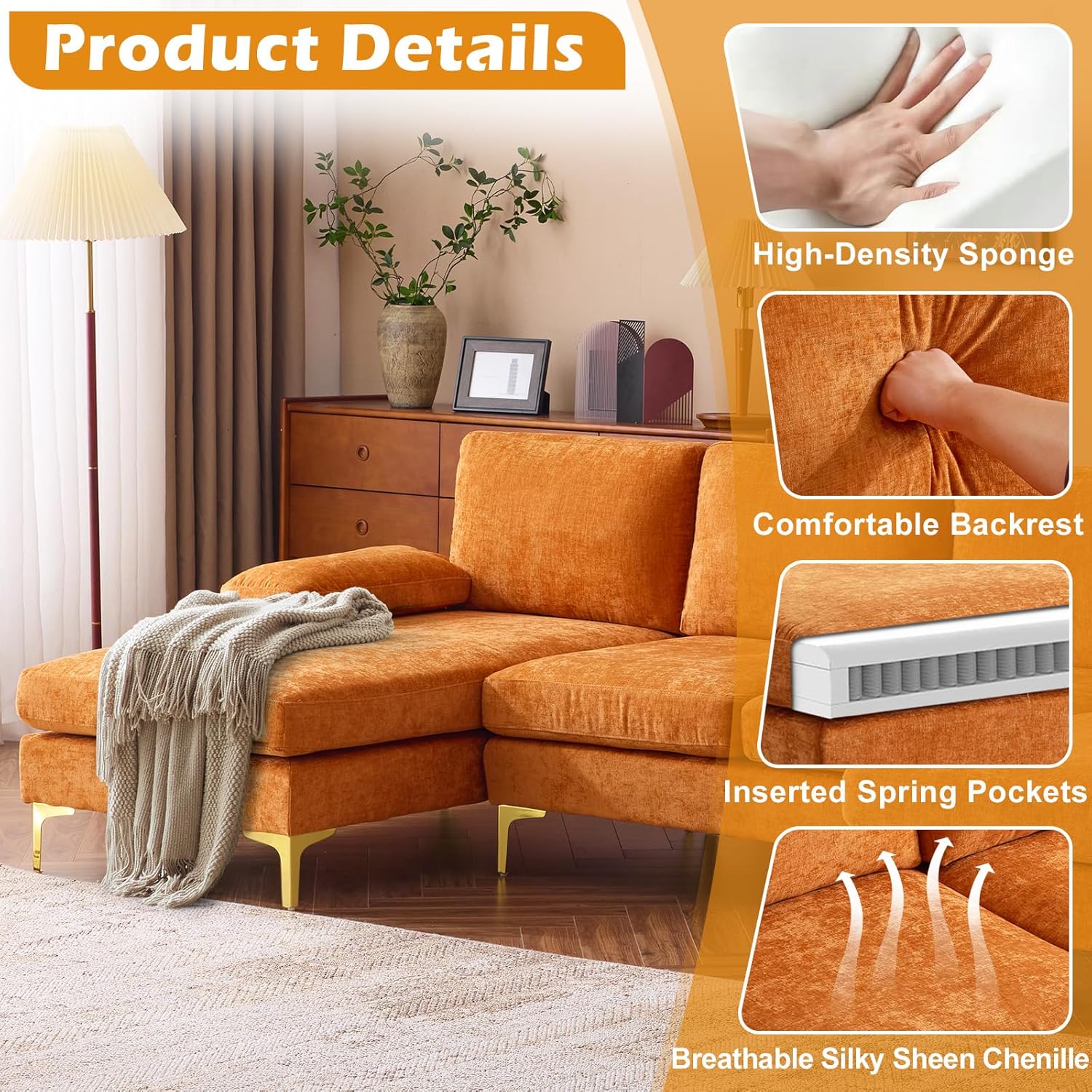 VINGLI 110 Sectional Couch U Shaped Sofa Set with Double Chaise Chenille Fabric