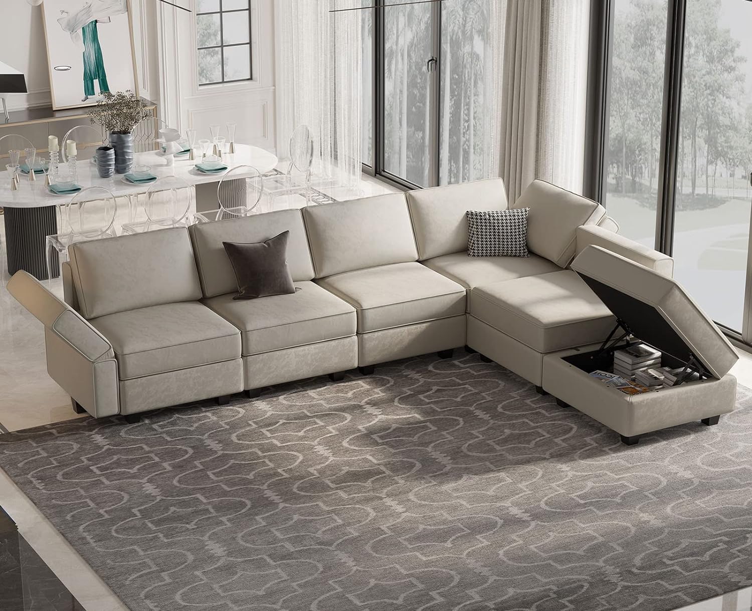 Belffin Reversible Modular Sectional Sofa with Ottomans Velvet Sleeper Chaise Bed Storage Seat Black