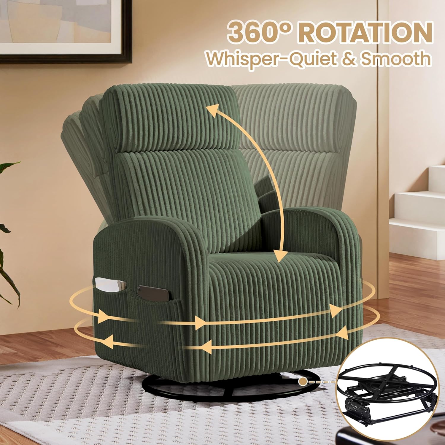 Yaheetech 360 Swivel Glider Chair Nursery Corduroy Rocking Nursing Chair with Pockets