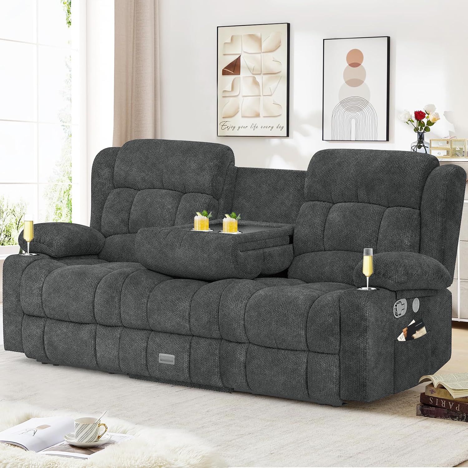 Dresegmt Loveseat Recliner Sofa 3 Seat Flip Backrest with Storage USB Cup Holders